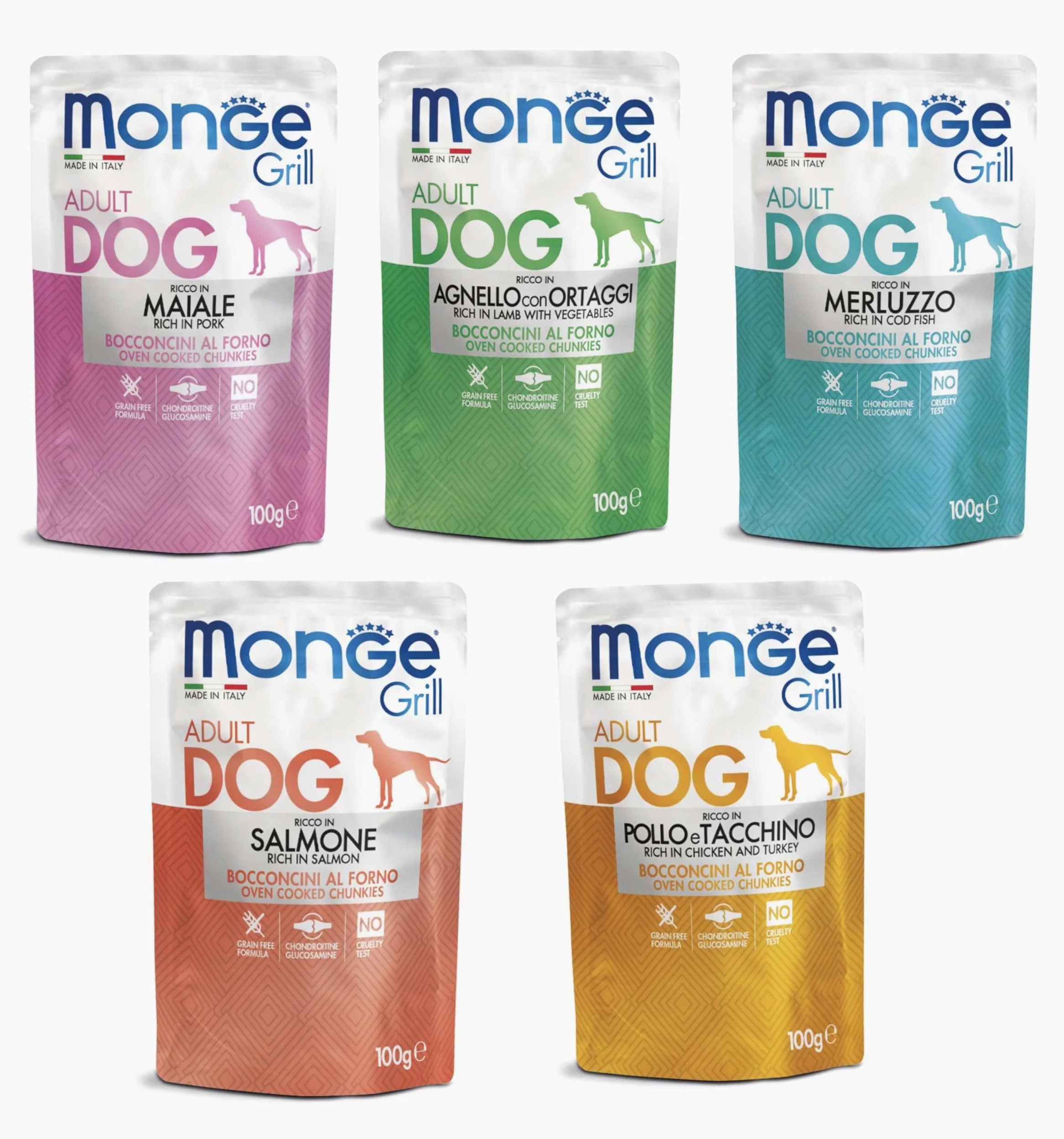 Monge Grill Bocconcini Adult Dog, Cibo Umido per Cani Adulti, Gusti Misti, 100g, 48 bustine