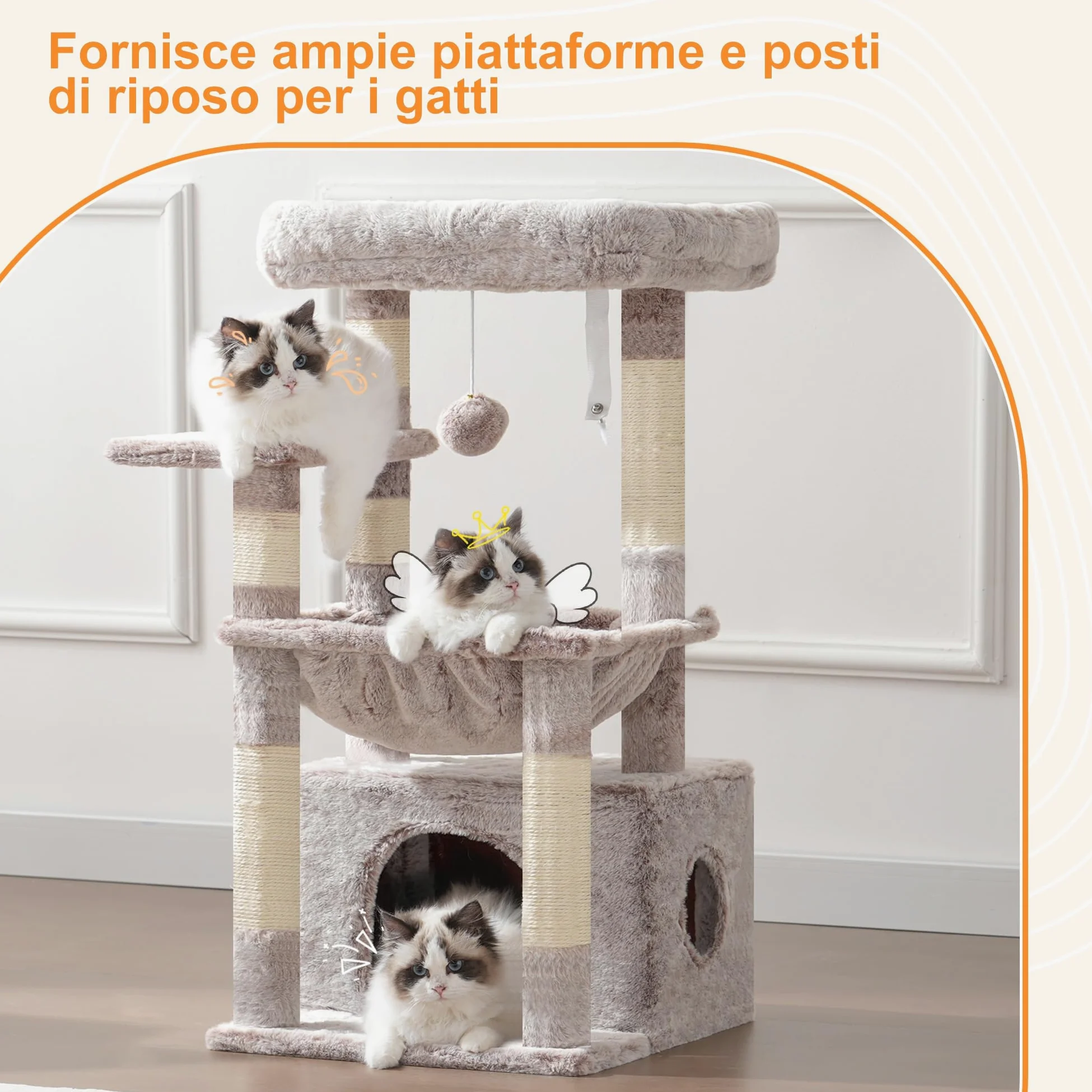 Heybly Albero per Gatti, con Cestino Extra Grande e Morbido, Letto Spazioso, Posto Letto Nascosto, Colonne in Sisal Robuste e Palla di Peluche, Beige Marrone HCT008SMU
