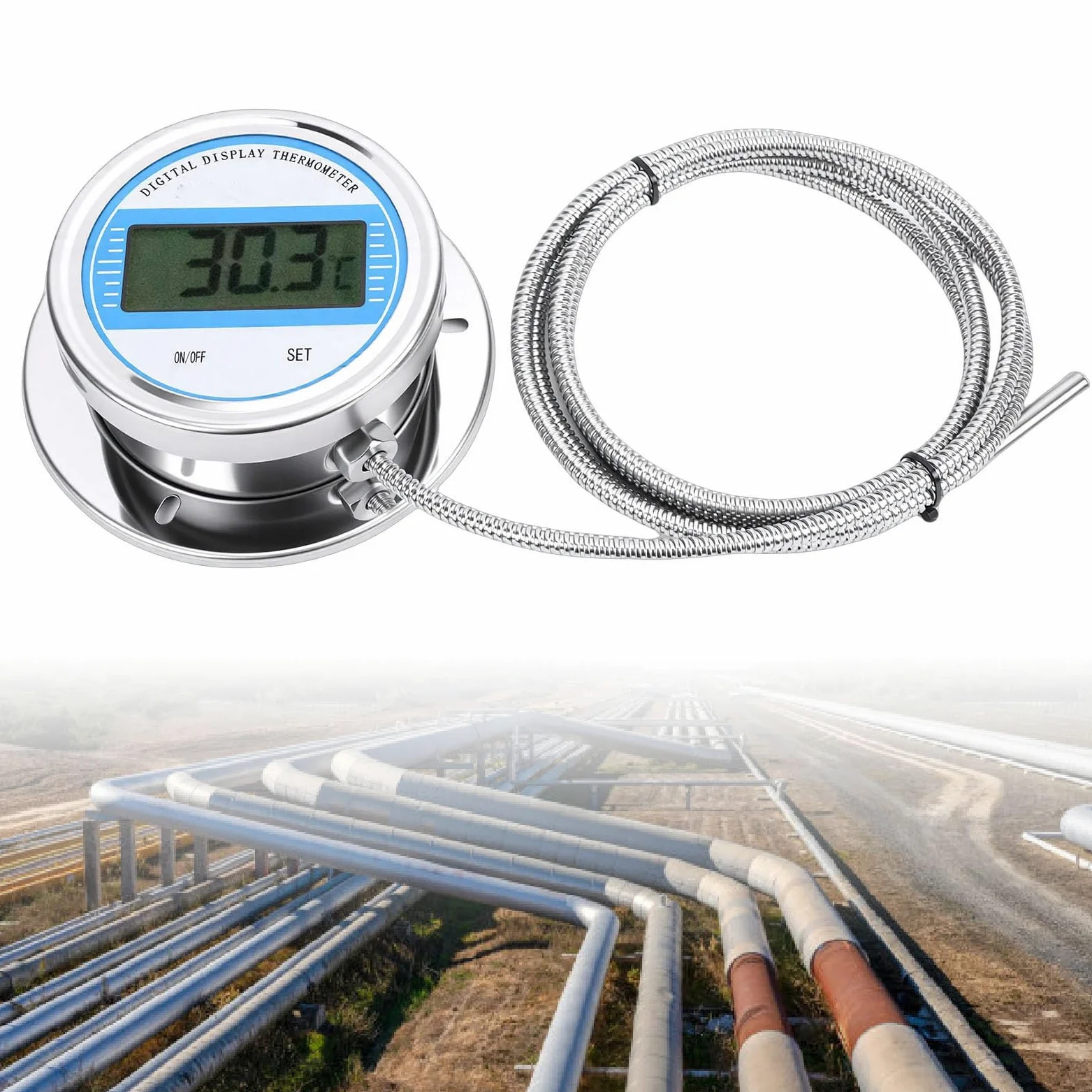 Eujgoov Termometro Digitale Ad Alta Precisione da -50 a 200°C, Indicatore di Temperatura in Acciaio Inossidabile con Sonda da 3 Metri, Sensore Filettato per Cottura di Tubi di Caldaia