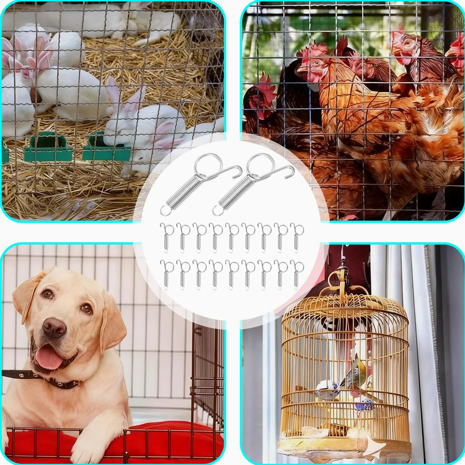 Gabbia per conigli, gancio a molla, gancio a molla, molla di blocco, barretta a gabbia per conigli, gatti e gabbie per cani, interni ed esterni