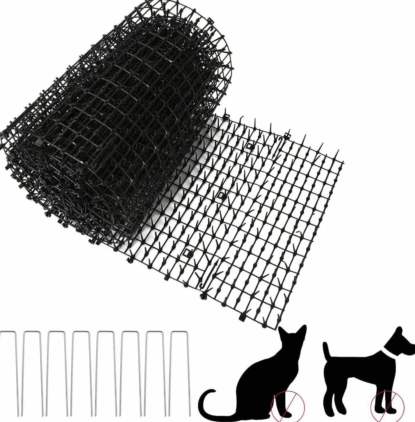 AKOLAFE Tappetino per gatti con 8 picchetti in metallo per esterni, 400 x 30 cm, anti punte, repellente per gatti, cani, volpi, deterrenti per scavare cani da giardino, gatti, volpi
