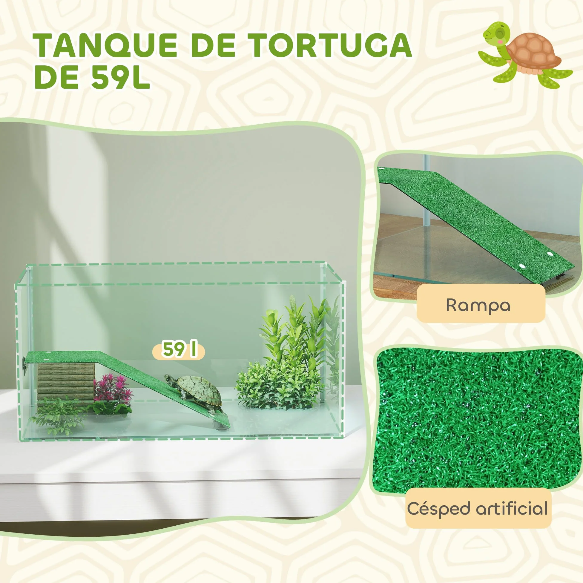 PawHut Acquario per tartarughe, terrario per tartarughe con piattaforma e rampa con superficie in erba artificiale, vista panoramica a 360°, per piccoli pesci, gamberetti, 60x35x28 cm, bianco