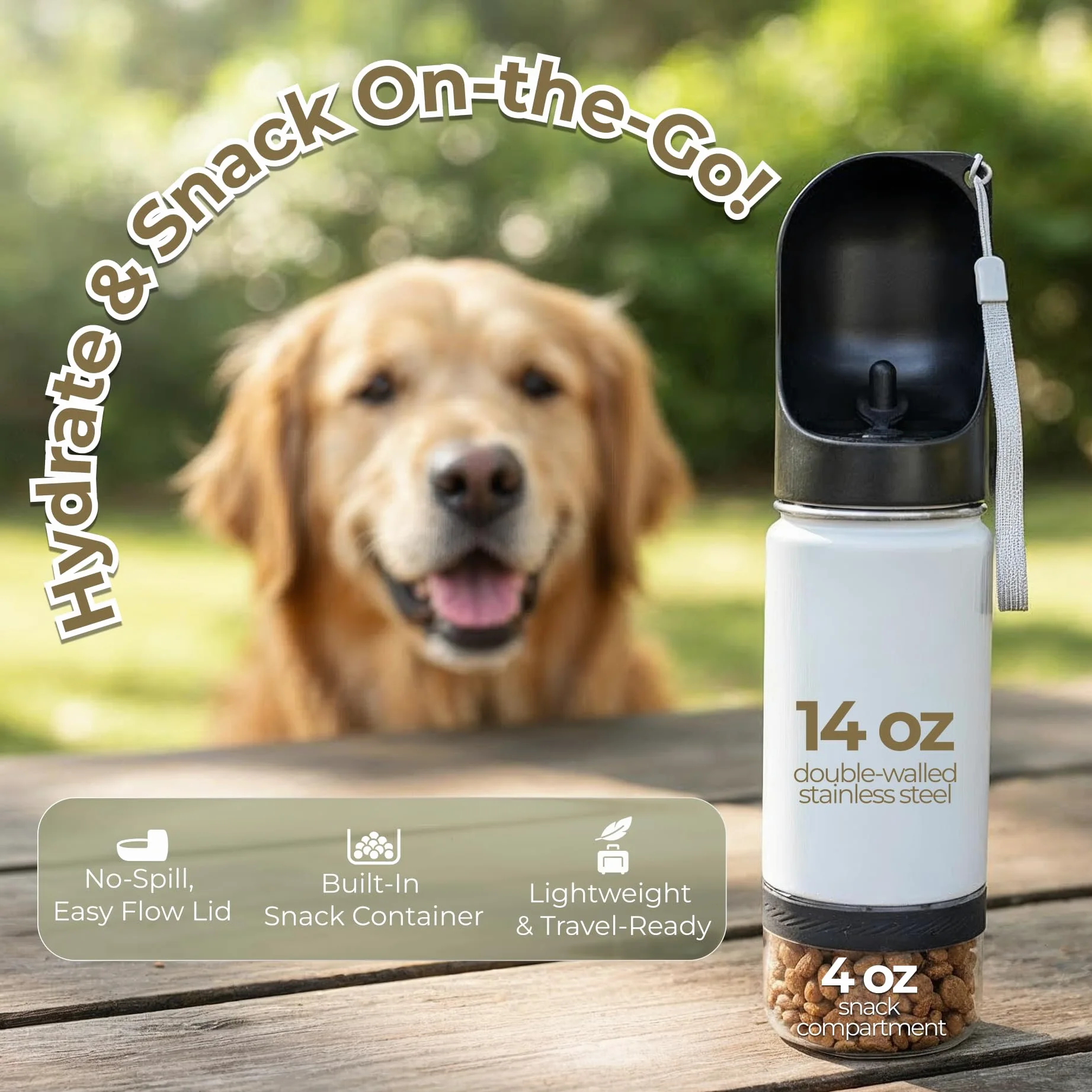 Mon Chateau Borraccia portatile per cani da 400 ml, con contenitore per snack da 113,4 g, corpo in acciaio inox a doppia parete, a prova di perdite, lavabile in lavastoviglie, bottiglia da viaggio per