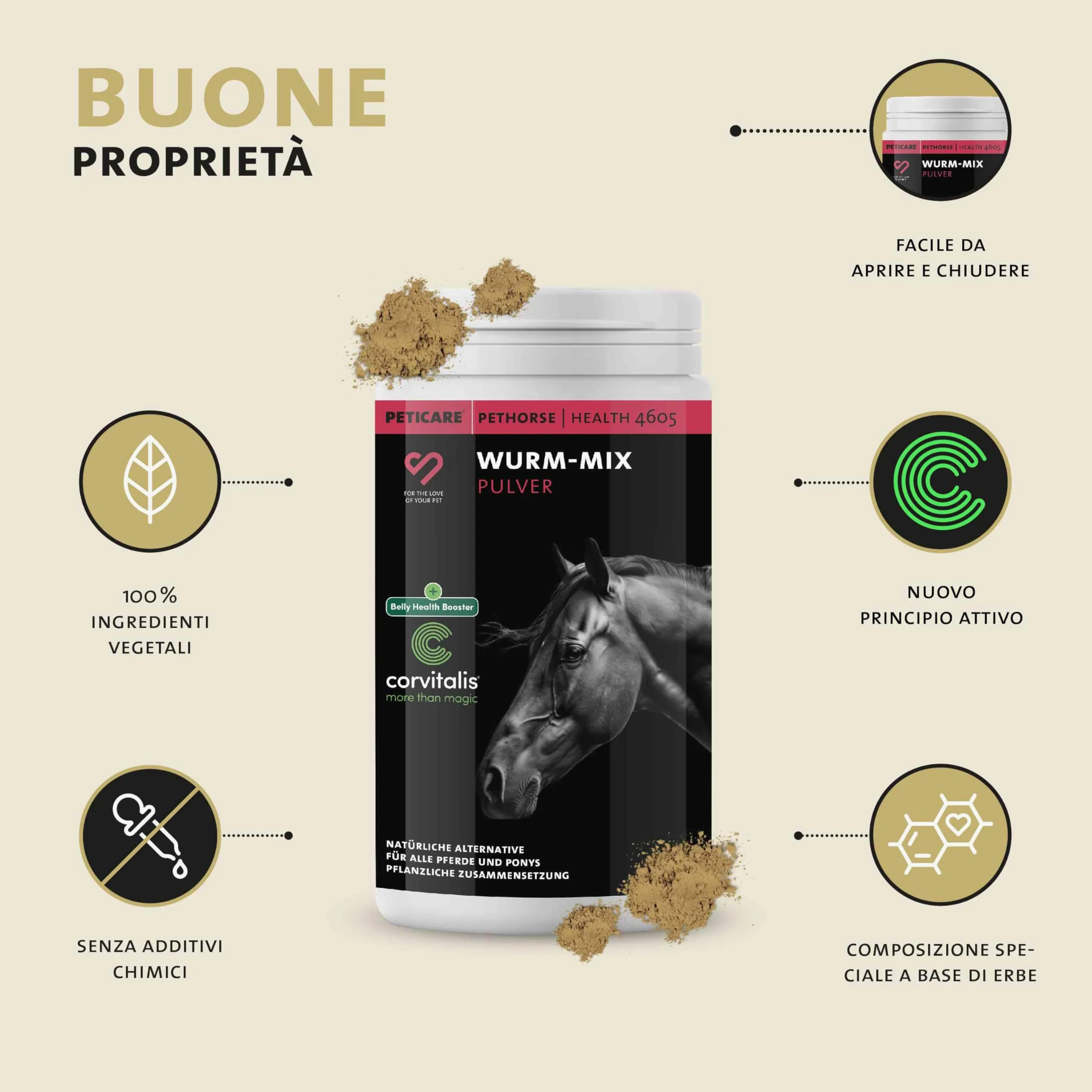 Peticare Polvere Flora Intestinale ed Erbe Cavalli – Supporto Naturale per l'Ambiente Intestinale – Con Semi di Zucca e Assenzio – Integratore per Cavalli