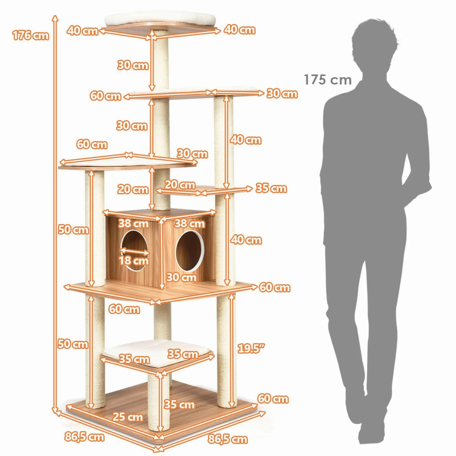 COSTWAY Tiragraffi per Gatti 176cm, Albero per Gatti Adulti XXL con Corda Sisal, Cuccia, Piattaforma e Cuscini, 86,5 x 86,5 x 176cm, Nero e Naturale