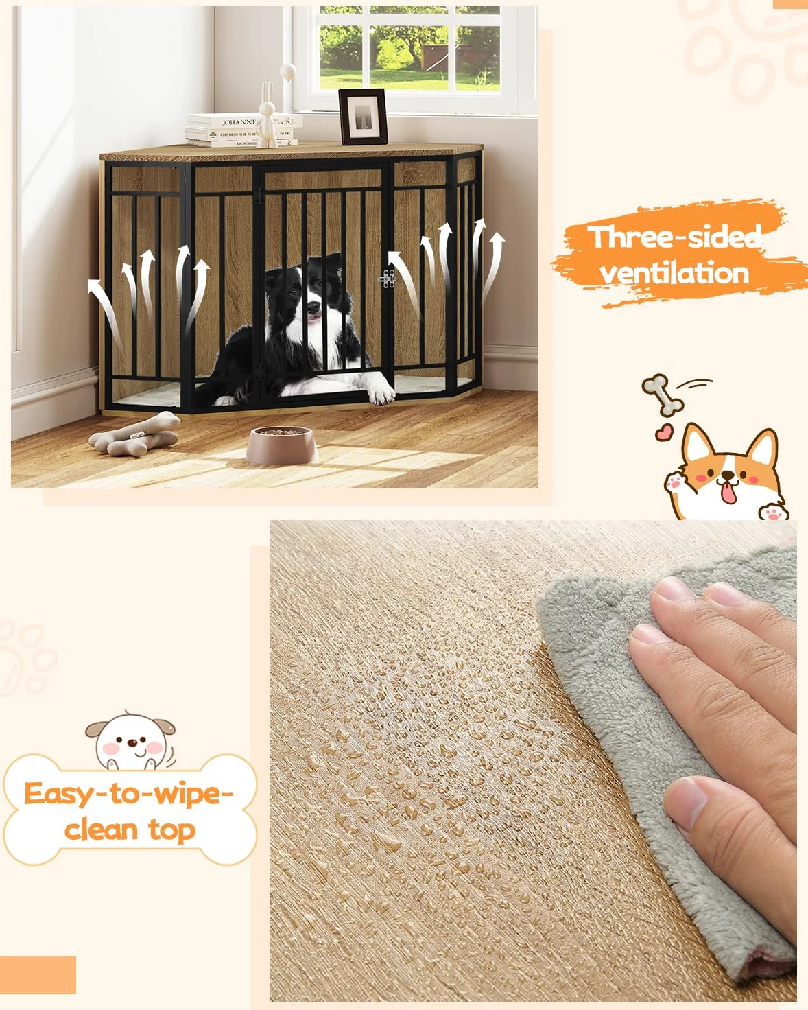 EUGAD Mobile Kennel Cane, Gabbia per Cani ad Angolo, Gabbia per Cani in Legno,Tavolo Supplemento,Sopporta di 70kg, Moderna Kennel Cane,Dog Crate Decorativa con Porta Bloccabile 111x60x67cm