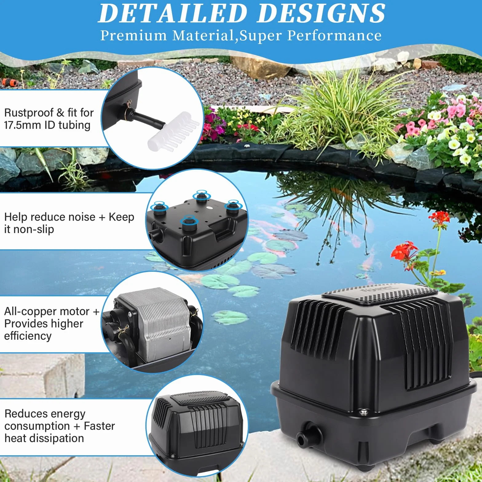 hygger Ossigenatore Pesca Vivo,25W Potente Ossigenatore per Pesci di Laghetto,Silenzioso Pompa ad Aria Laghetto Esterno con Conversione Connettore,Air Pump For Fishing Yacht,Fish Farm and Hydroponic