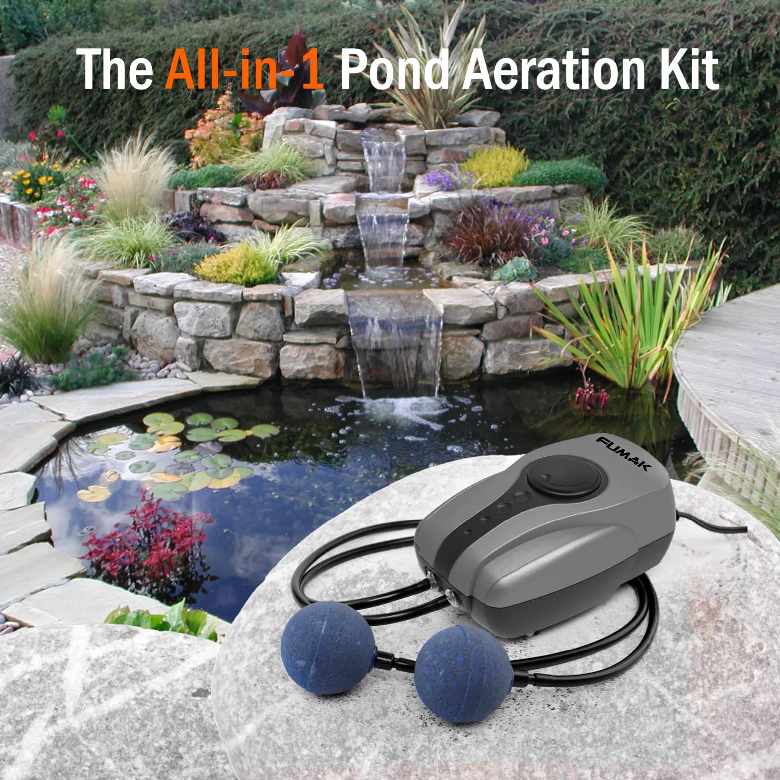 Aeratore per laghetti all-in-one per laghetti esterni fino a 3000 litri, portata regolabile, kit di ventilazione per laghetti con tubi per aviazione, valvole di ritegno
