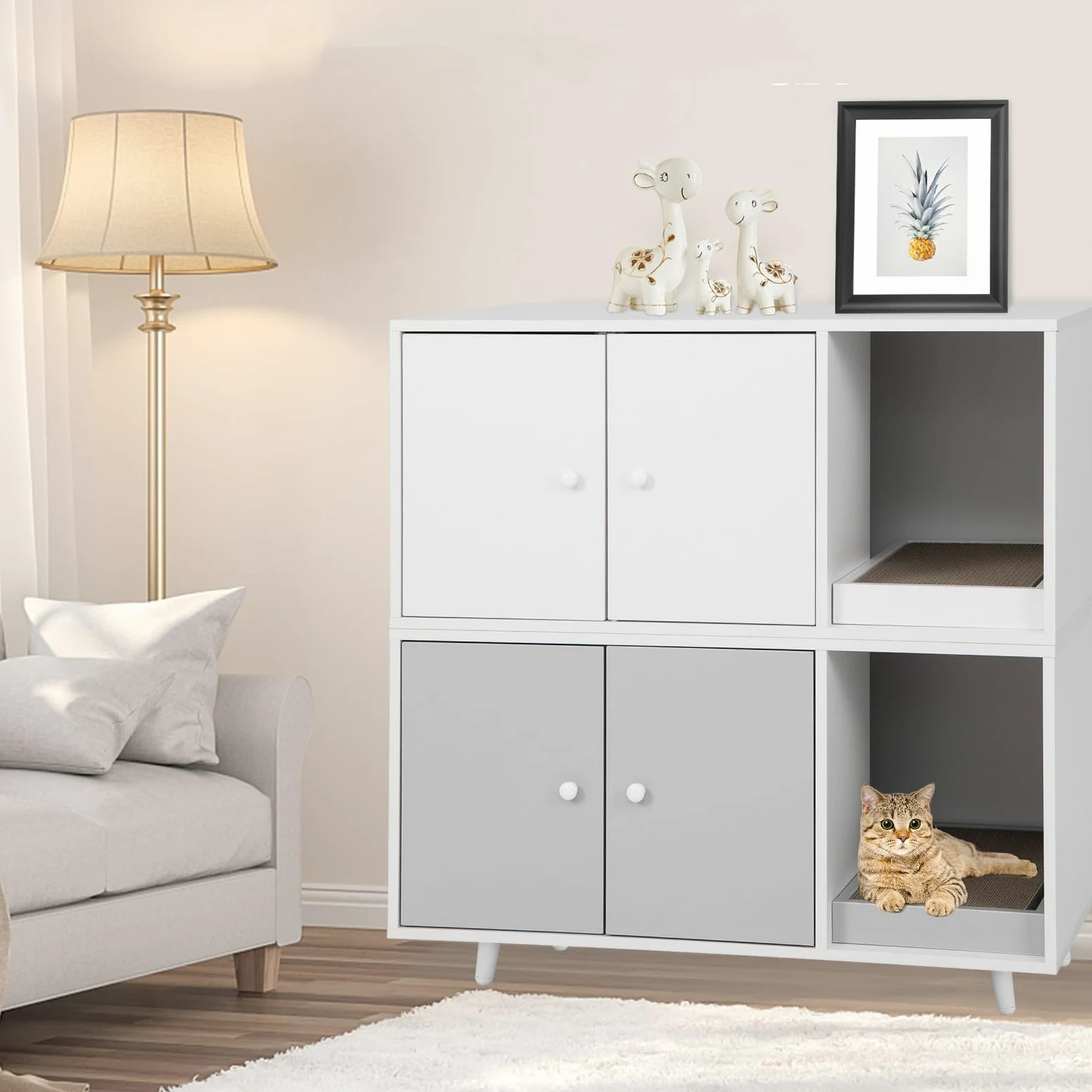LIFEZEAL Armadietto per Gatti 2 in 1 Con Tavola Tiragraffi, Tavolino Con Casetta, 2 Ante e Gambe Sollevate, Lettiera, Marrone (Grigio)