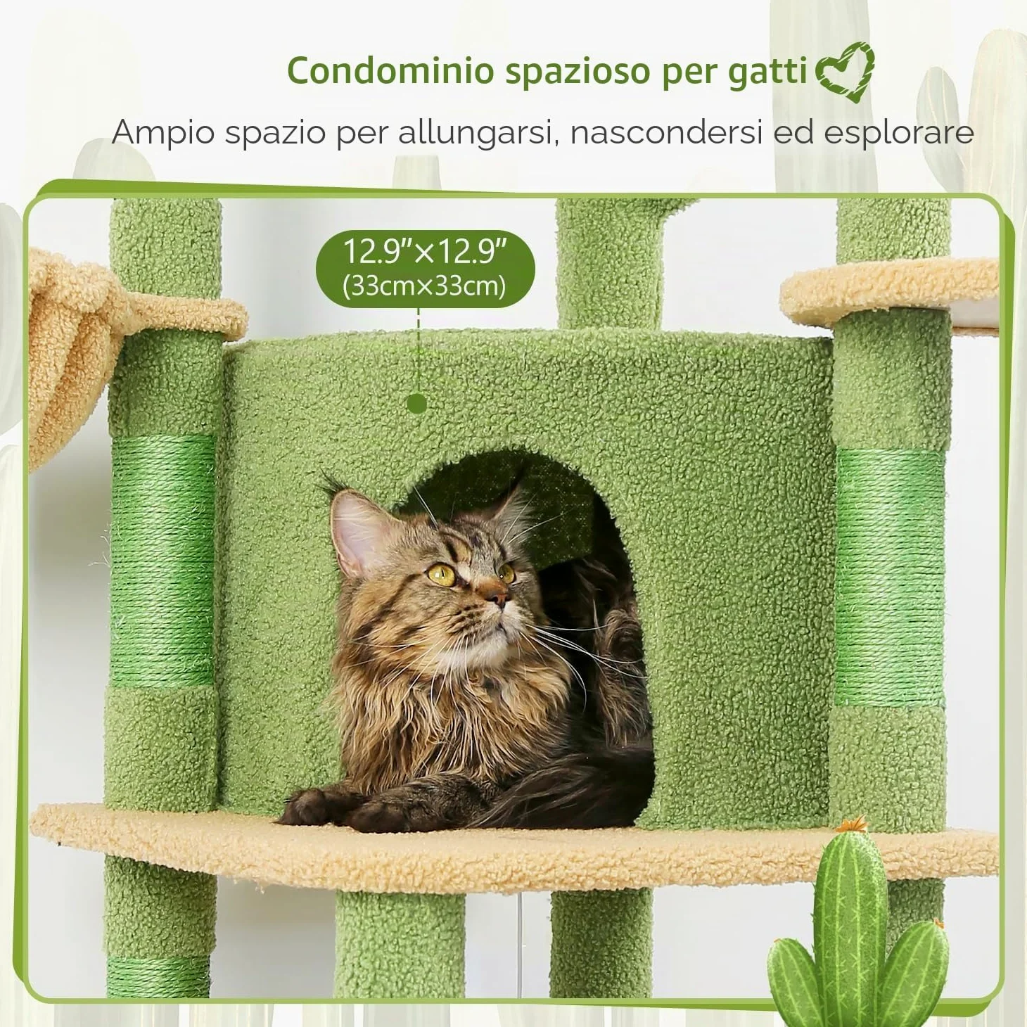 Globlazer Albero Tiragraffi ad Angolo Cactus Verde, Tiragraffi per Gatti Spigolo Alto 130 cm con Grandi Piattaforma, Curva Grotte, Amaca, Cesto, Torre per Gatto per 2-4 Gatti Adulti (C51, Verde)