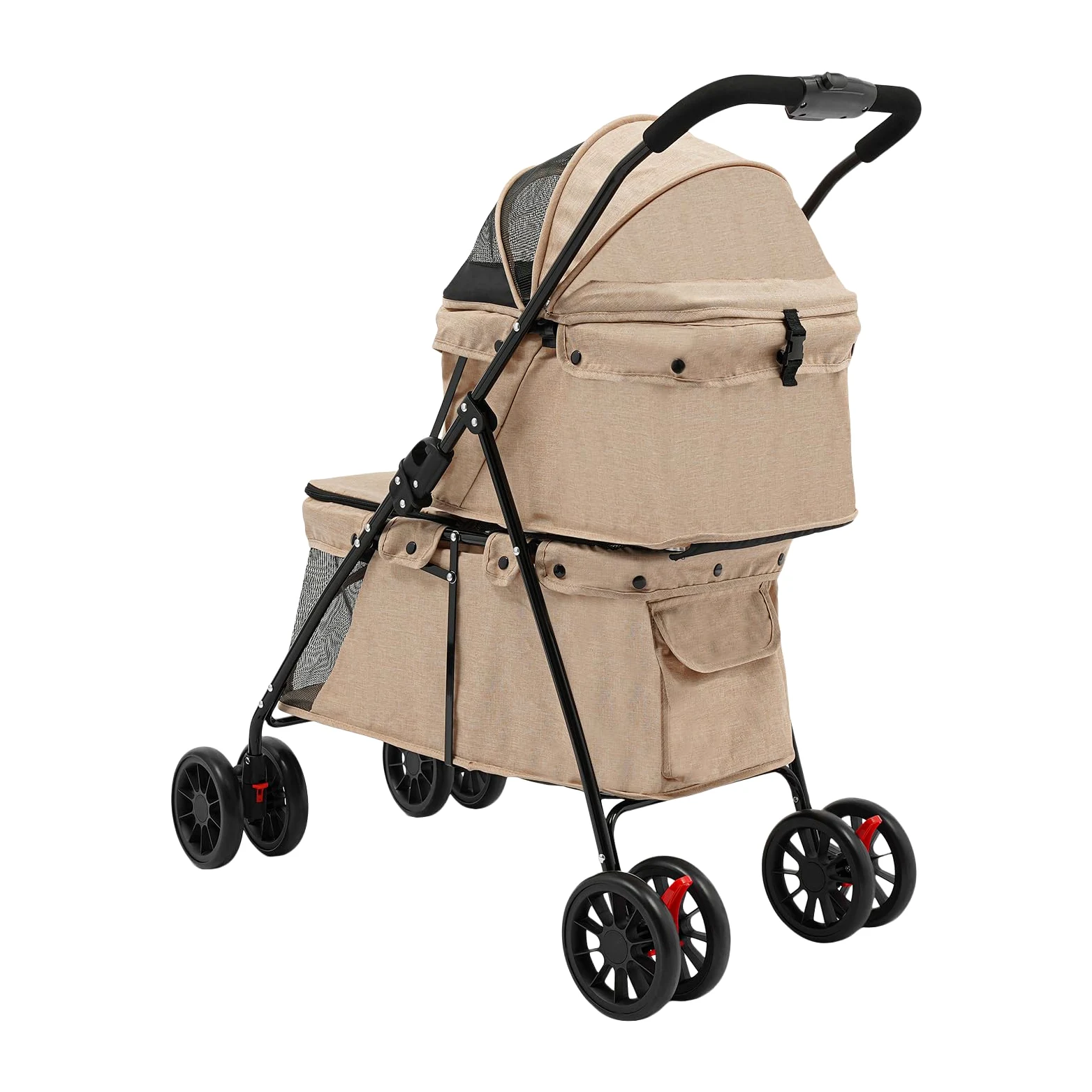 Passeggino per cani a 2 ripiani, con finestra a rete, pieghevole, per 2 cani di piccola taglia, gatto, kaki