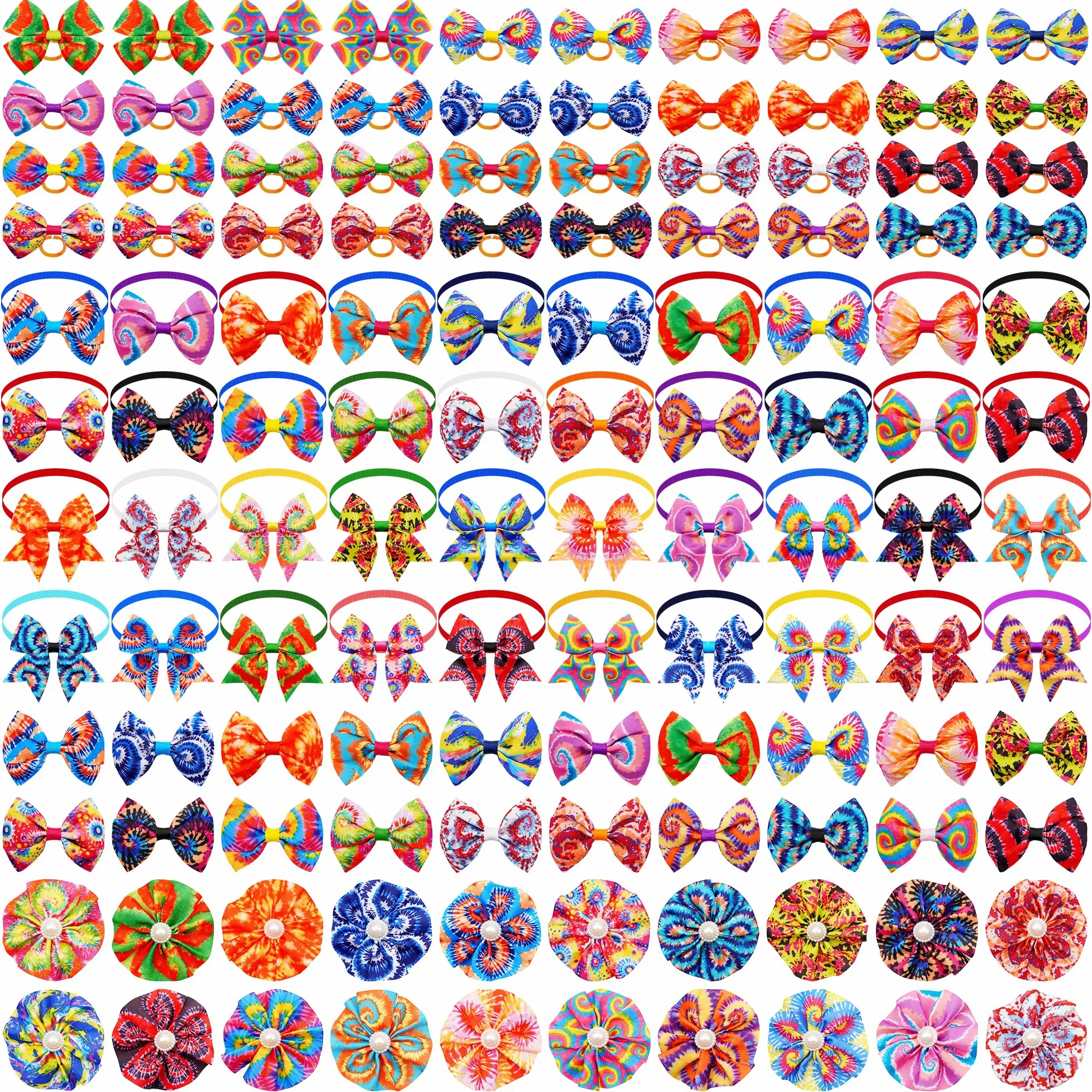 La confezione da 120 fiocchi per cani tie dye include 60 collari per cani, fiori e papillon, 20 papillon con collare regolabile, 40 fiocchi per capelli per ragazze, femmine, ragazzi, cani