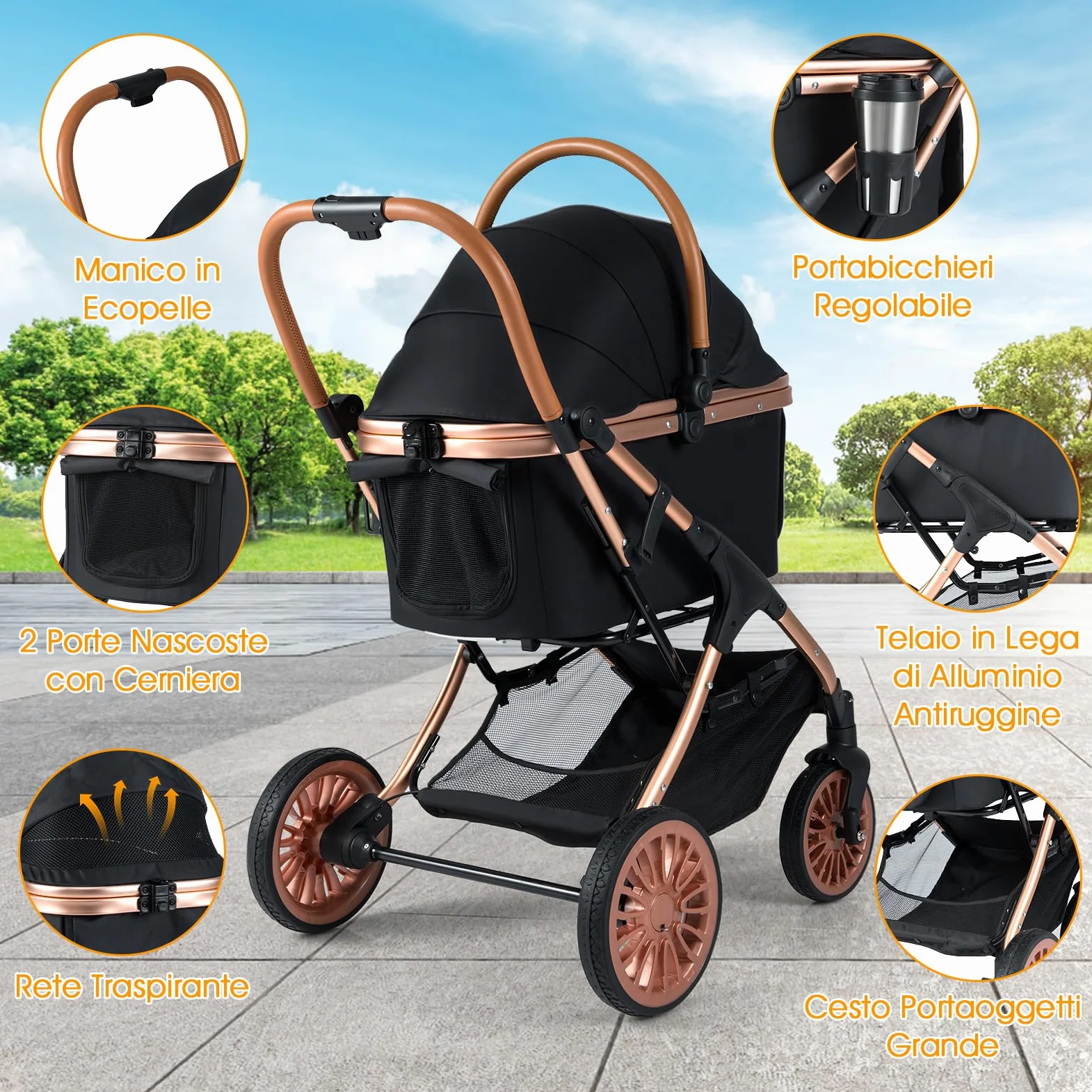 COSTWAY Passeggino Pieghevole per Cani 3 in 1, Carrozzino per Animali con Portapacchi Rimovibile, Tettuccio, Cuscino Rimovibile, Cintura di Sicurezza, Cestino e Portabicchiere, Portata 25 kg