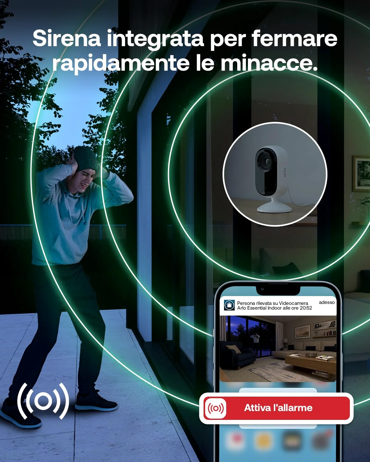 Arlo Essential 3 Indoor Telecamera per Cani/Bambini HD, Sirena Allarme Casa, Sensore Di Movimento, Visione Notturna, Prova Inclusa Secure, con copriobiettivo automatico, 2 Telecamere, Bianche