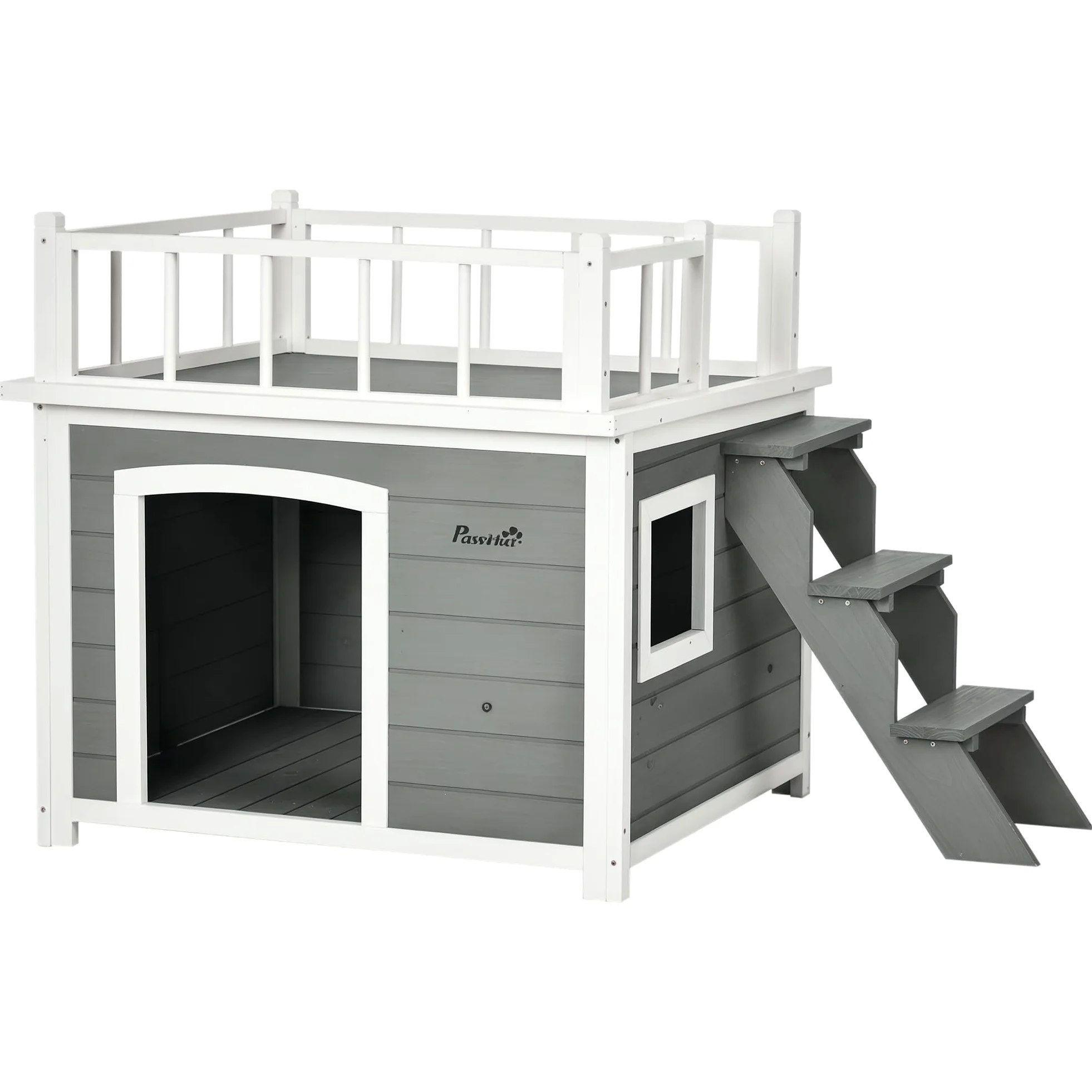 Pawhut Casetta per Cani di Piccola e Media Taglia con Terrazza, Scaletta e Finestra,121x77x78cm, Grigio chiaro