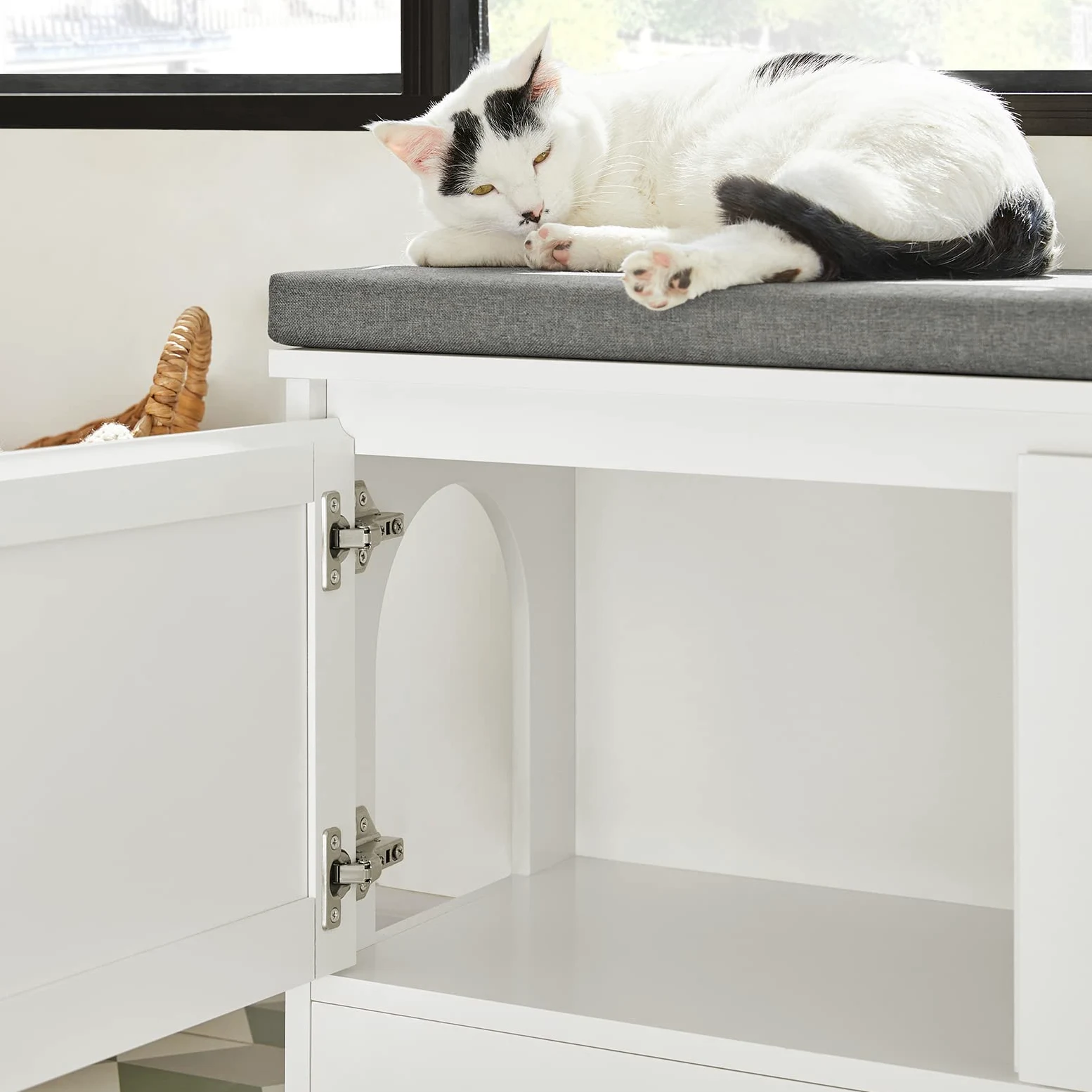SoBuy Cuccia per gatti con ciotola per gatti in acciaio Inossidabile Panca con seduta Casetta per gatti Bianco 90x36x44cm FSR136-W