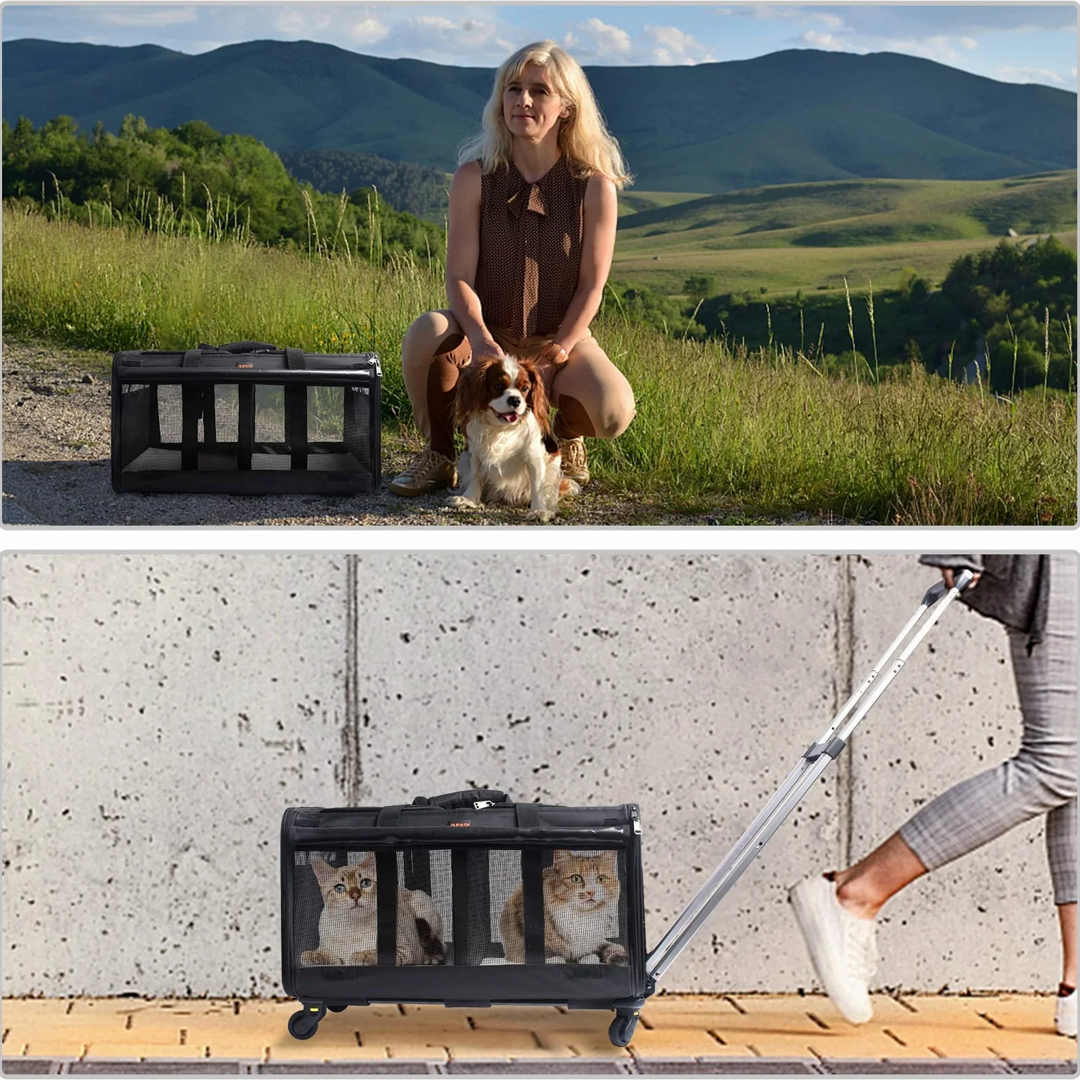 Marsupio a doppio scomparto con ruote per 2 animali domestici, fino a 15,9 kg, trasportino per gatti con rotolamento per 2 gatti, design super ventilato, ideale per