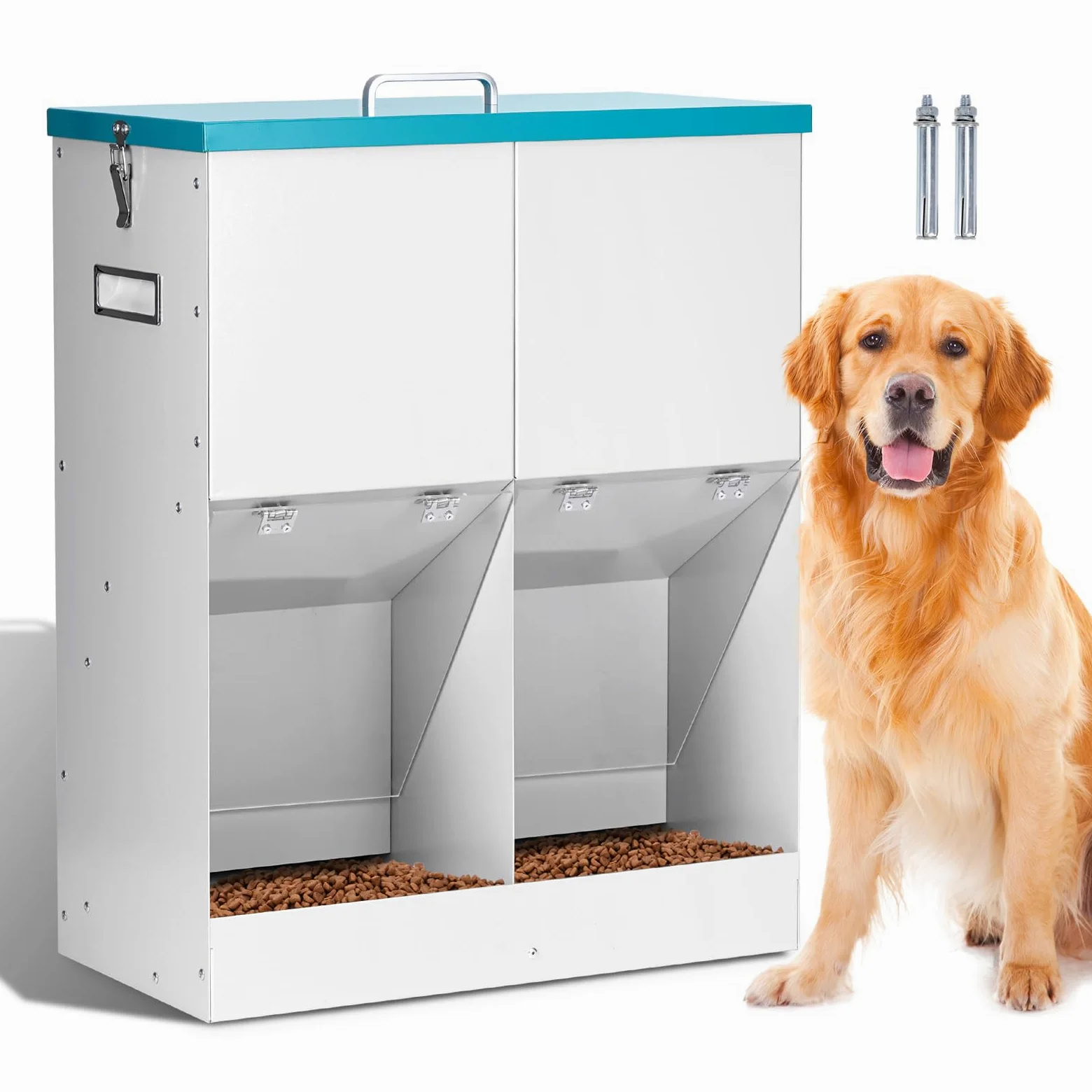 Mangiatoia Automatica a Gravità per 2 Cani, Distributore di Cibo per Cani di Razza Grande in Metallo Zincato con Capacità di 46 Libbre, Mangiatoia Doppia per Animali da Esterno e da Interno