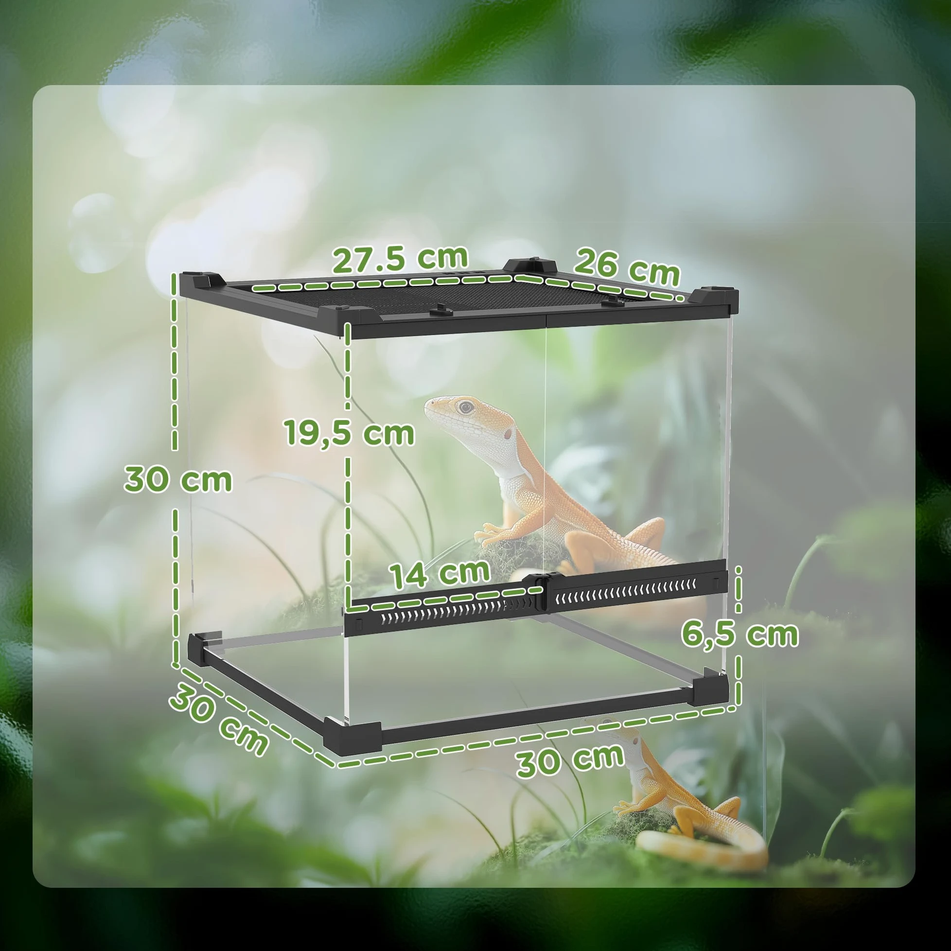 PawHut Terrario per rettili, terrario in vetro, 24 l, contenitore di alimentazione rettile, con ventilazione frontale, tappo a vite per anfibi ragno, nero, 30 x 30 x 30 x 30 cm