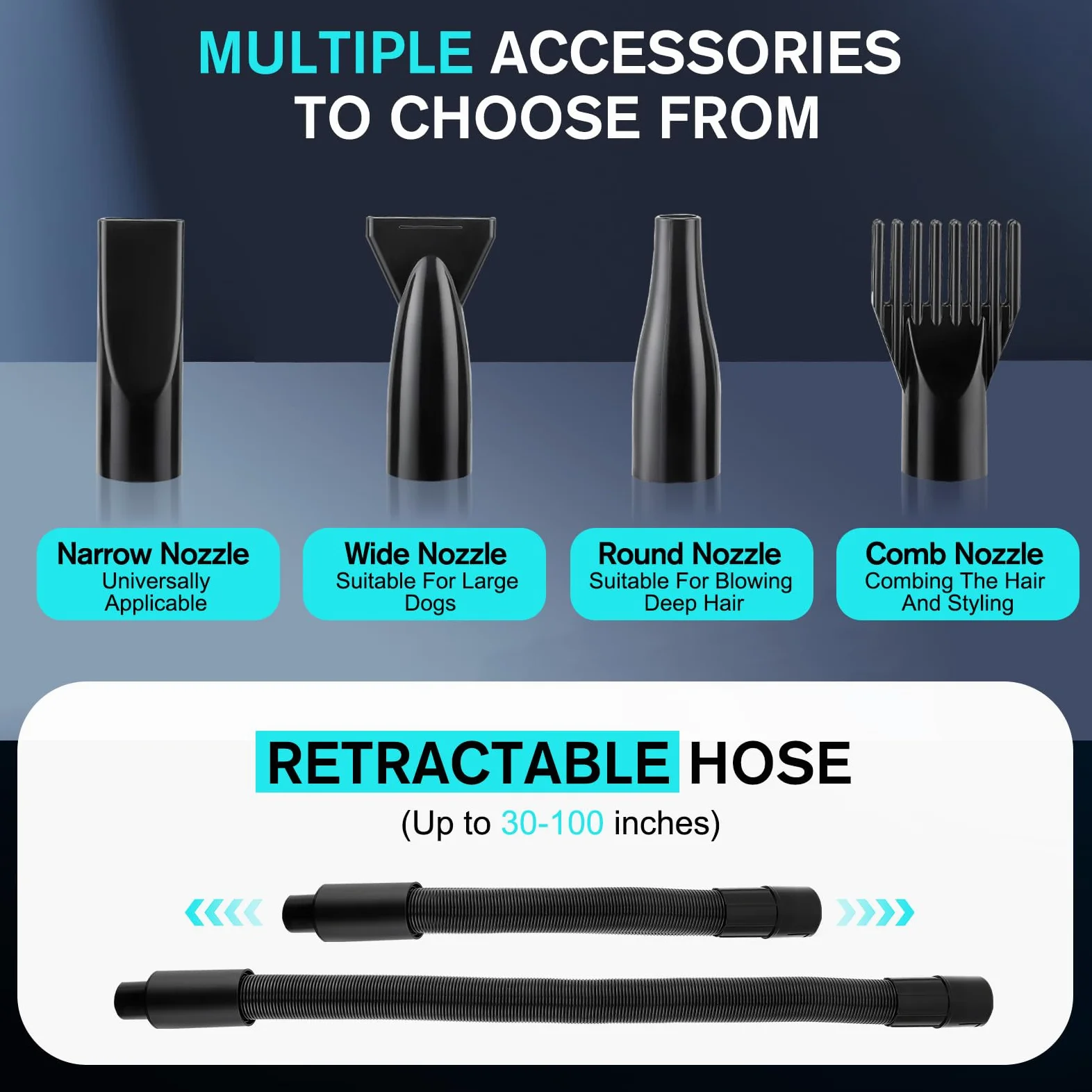 Asciugacapelli per cani, asciugacapelli per cani, 3800 W/4,5 CV, asciugacapelli professionale per la cura del pelo, regolazione continua della velocità, a basso rumore, con 4 diversi ugelli, tubo