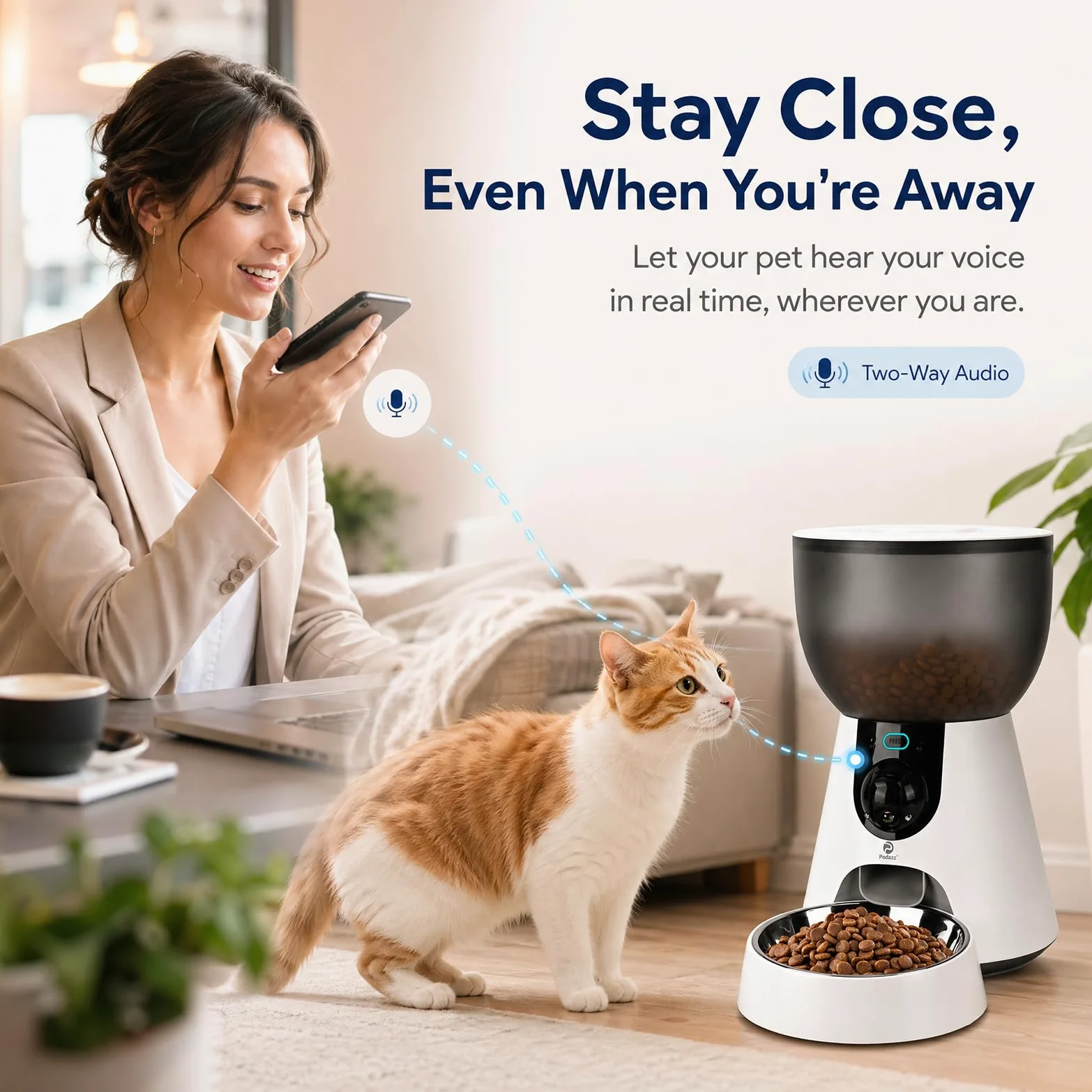 Podazz Distributore Automatico Cibo Gatti con Fotocamera 1080P, 2.4G/5G WiFi Dispenser Cibo Gatti, Controllo App, Timer, Visione Notturna e Voce Bidirezionale, Fino a 10 Porzioni 10 Pasti al Giorno