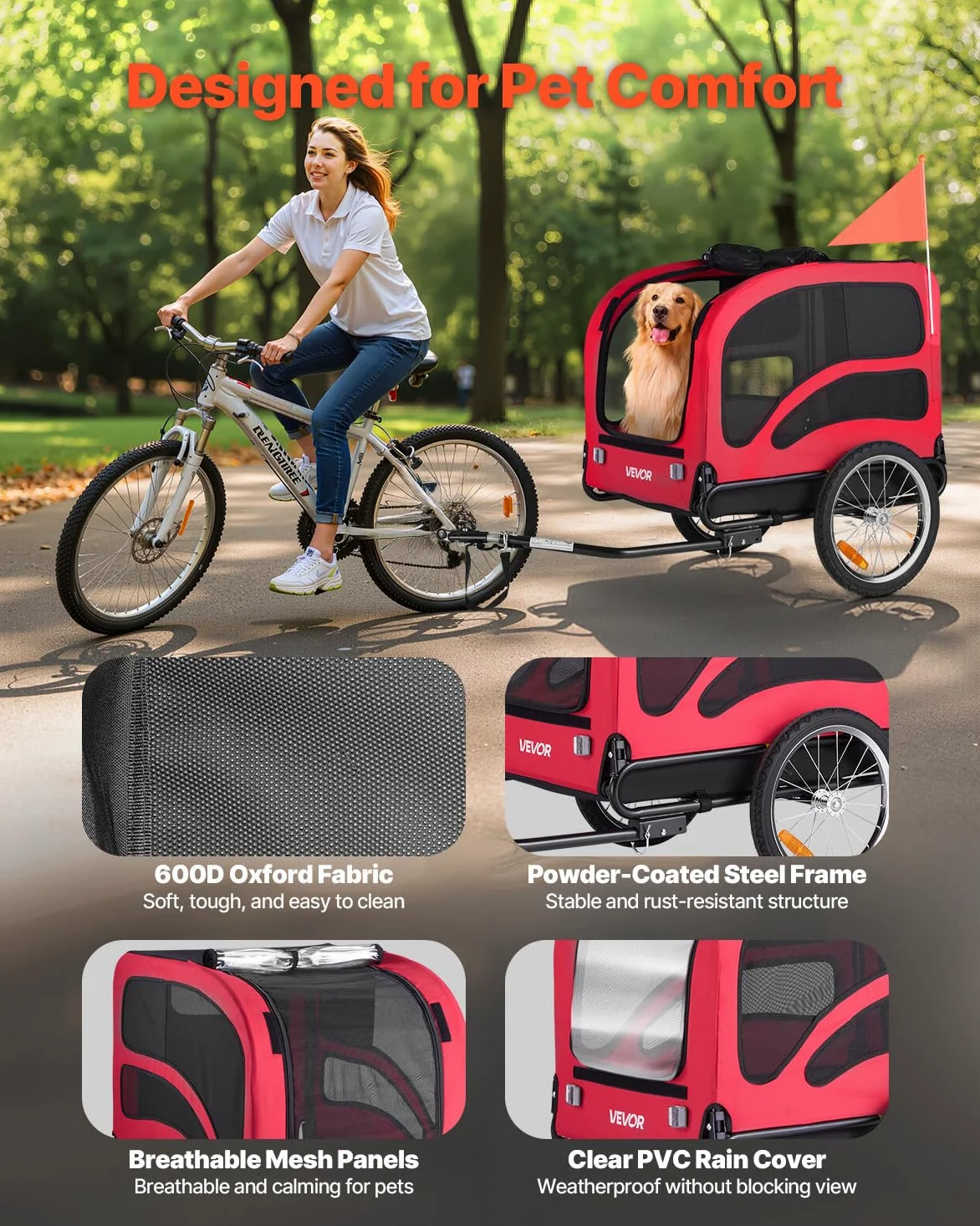 VEVOR Rimorchio per Bici per Cani, Supporta Fino a 45 kg, Carrello Portabici, Telaio Pieghevole con Ruota a Sgancio Rapido, Attacco Universale per Bicicletta, Riflettore, Bandiera Guinzaglio Interno
