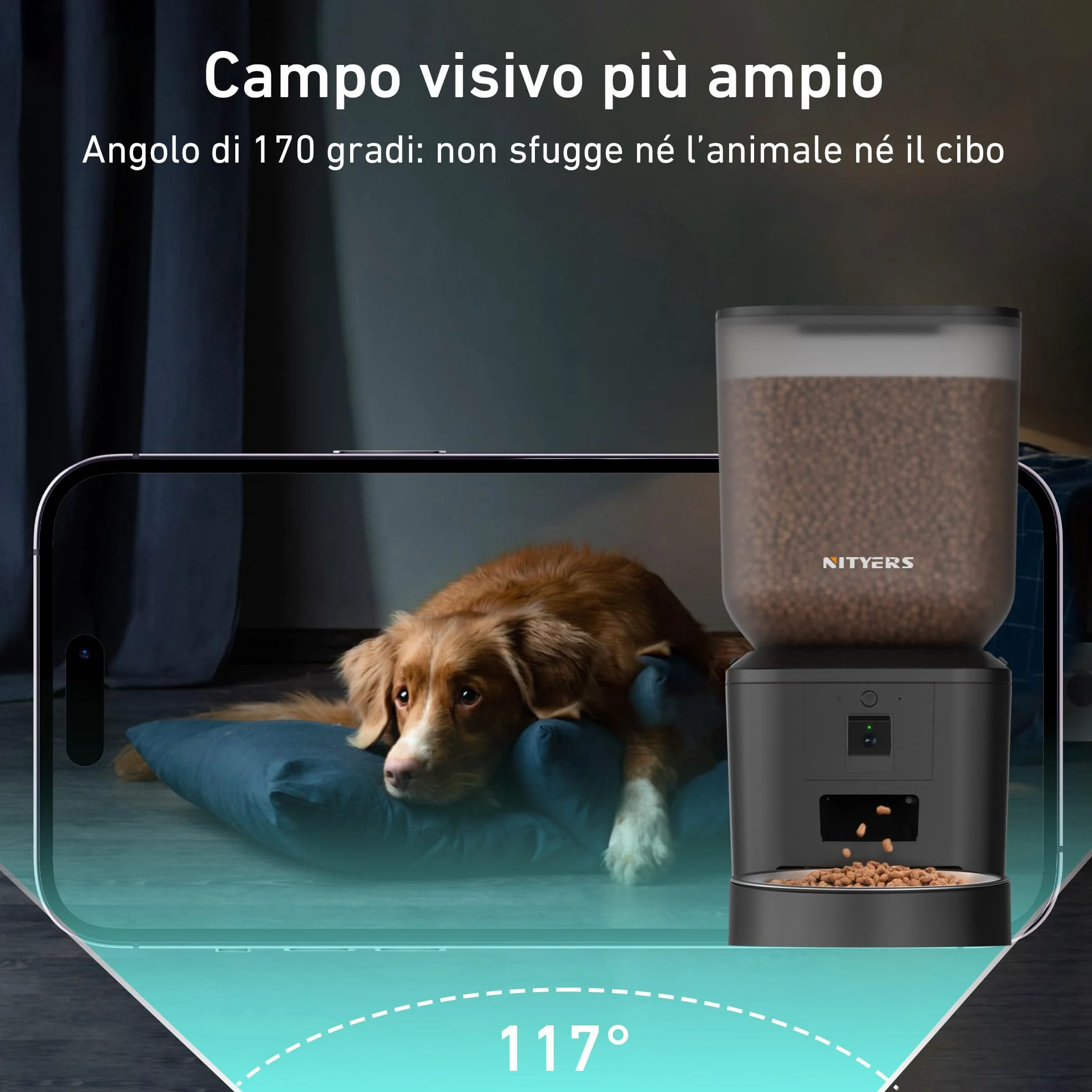 Nityers Distributore Automatico Cibo per Gatti e Cani con Telecamera 1080P e Visione Notturna, Audio Bidirezionale, WiFi 2.4/5GHz, Controllo APP, Ciotola Inox Grande