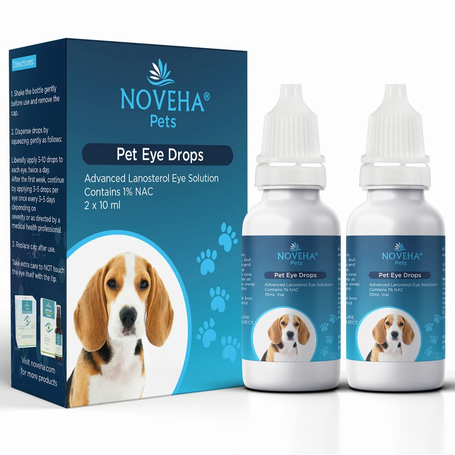 NOVEHA Gocce per animali domestici | Soluzione avanzata di lanosterolo + NAC | Gocce lubrificanti terapeutiche per cani e gatti – 2 x 10 ml