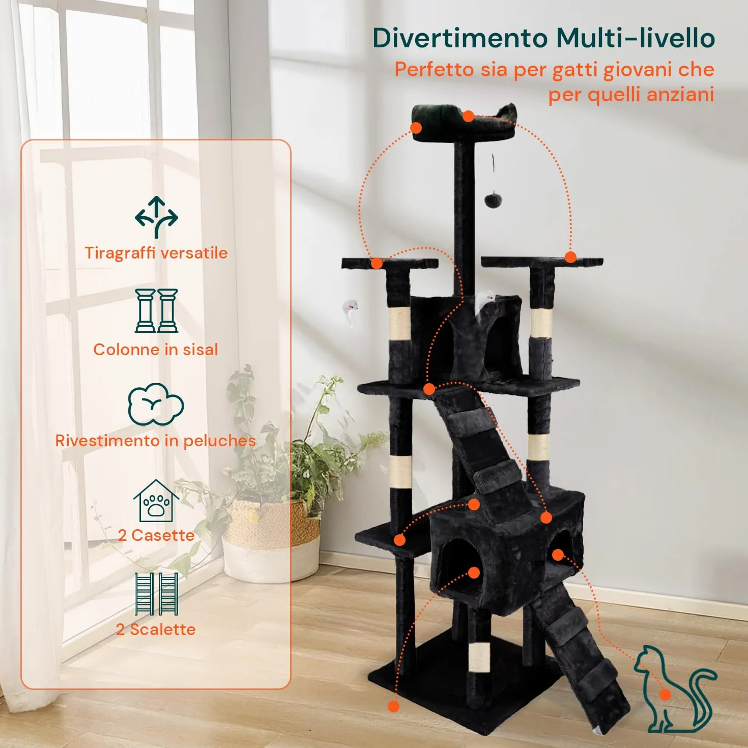 Tiragraffi XXL 170cm con Doppia Cuccia per Gatti Adulti, Albero Giochi in Sisal e Peluche, Piatteforme Relax, Ampio e Sicuro per il Massimo Divertimento dei Gatti Nero