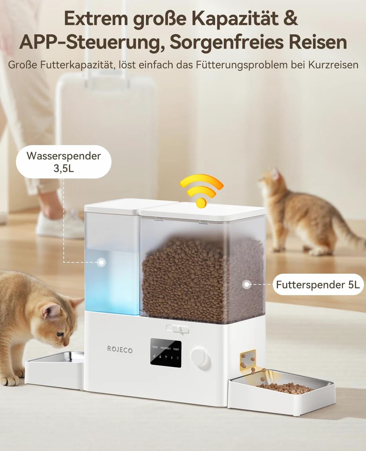 ROJECO Distributore Cibo Gatti Automatico 2-in-1 con Wi-Fi APP, 5L Crocchette + 3.5L Acqua a Gravità, Mangiatoia e Abbeveratoio per Gatti
