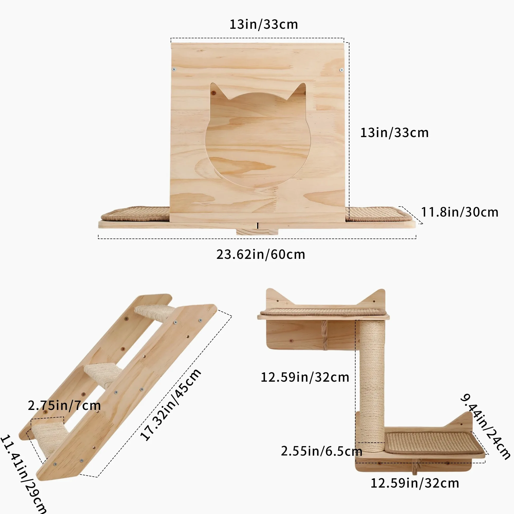 Set di mensole da parete per gatti, con casa, tiragraffi in sisal, gradini per arrampicarsi, in legno massello, per interni, design salvaspazio
