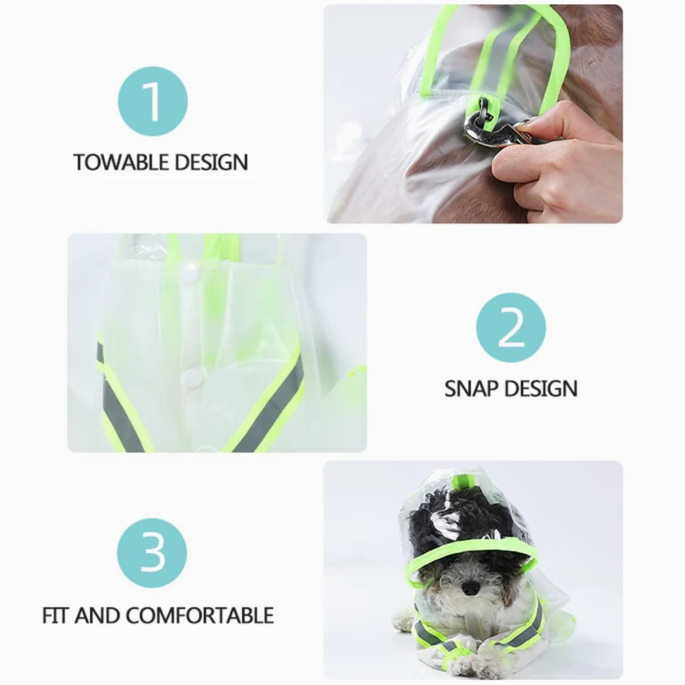 Impermeabile for Cani con Cappuccio a Quattro Zampe, Impermeabile, Riflettente, Trasparente, Fluorescente, for Cani.,Impermeabile per Cani(Green,M)