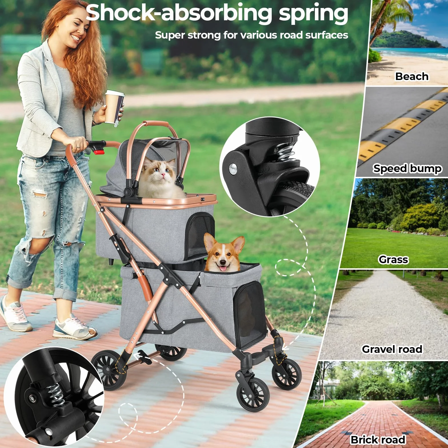 MAMIZO Passeggino Doppio Strato per Cani, Pieghevole Passeggino per Animali Domestici fino a 15 kg, Carrello per Cani con 4 PCS ruote, Passeggino Cane con Finestre a Rete e Portabevande, Grigio