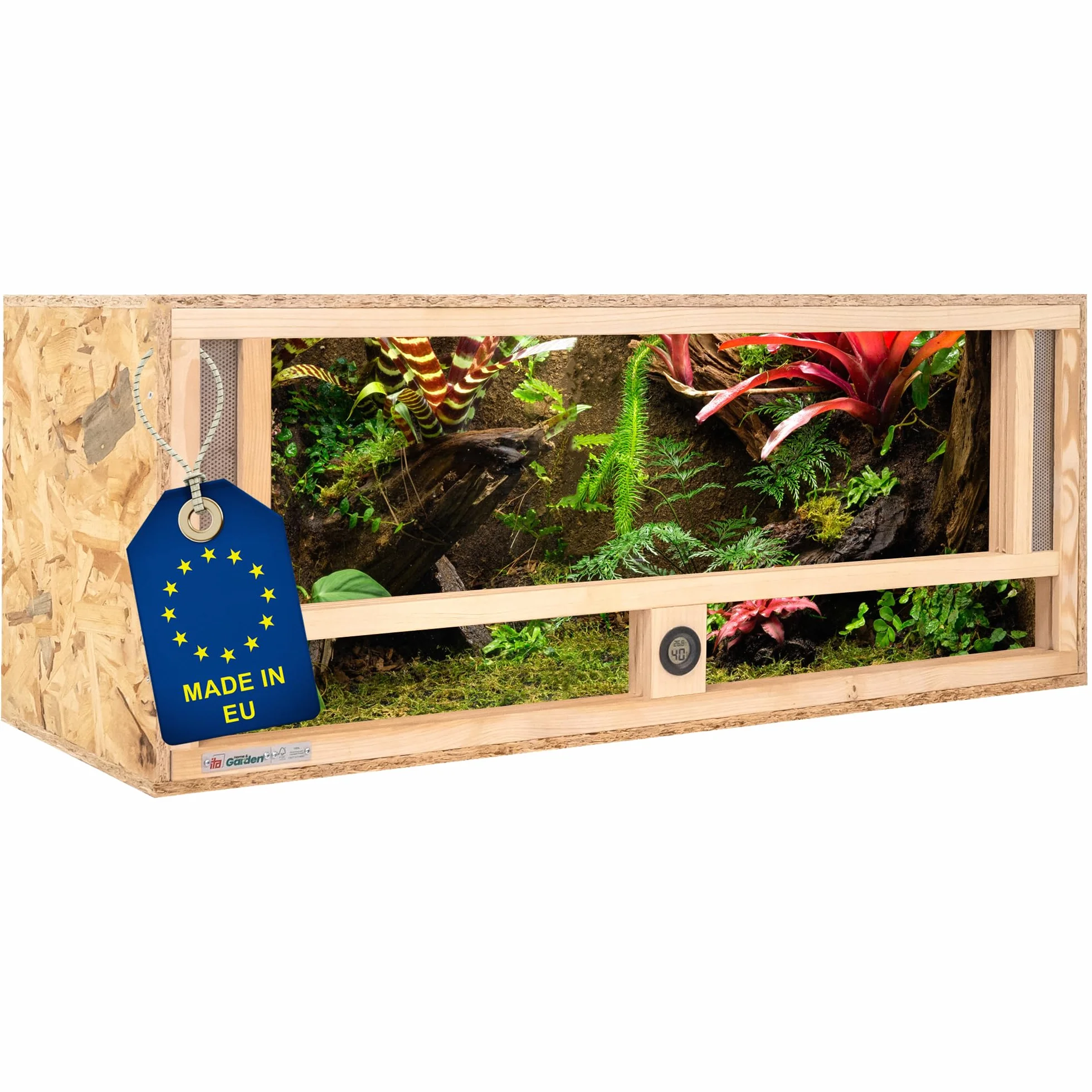 ITA Terrario in legno 100x40x40 cm con ventilazione frontale e igrometro integrato - Terrario in legno OSB-3 - Per rettili, serpenti, anfibi - Prodotto UE, certificato FSC