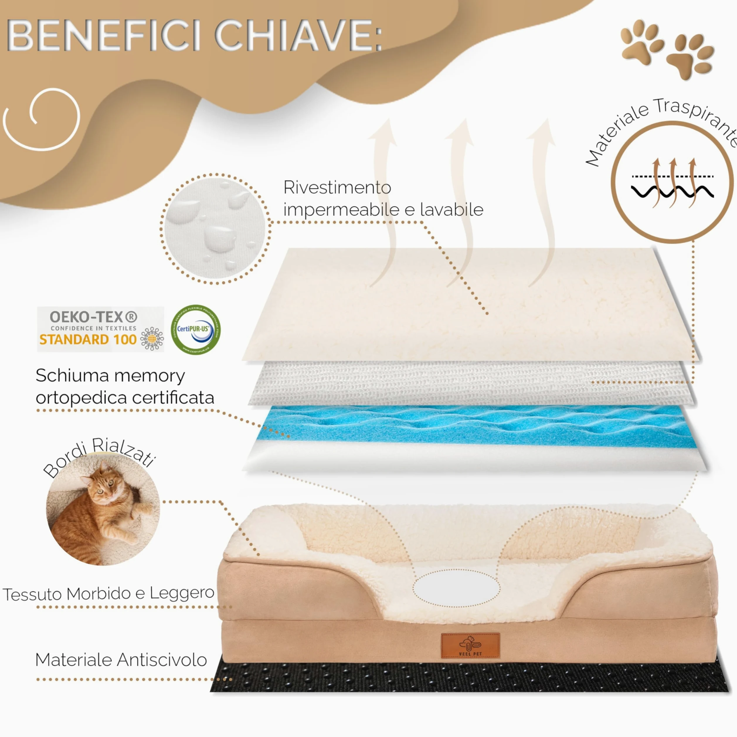 Cuccia Ortopedica per Gatti con Bordi Rialzati – Letto Morbido e Lavabile per Gatto, Materasso memory foam con Fondo Antiscivolo, Fodera Sfoderabile, Cuccia Comfort Premium (SMALL)