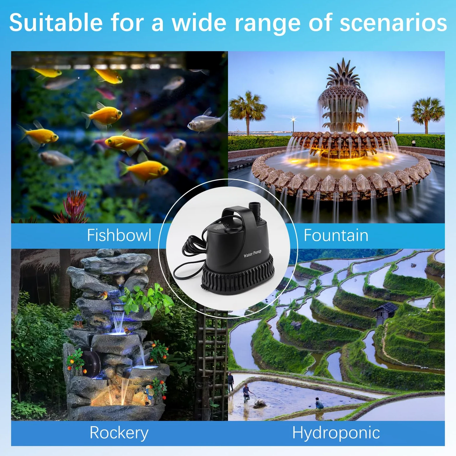 EXLECO Mini Pompa Acqua Submersible 3000L/H 40W, Piccola Acquario Pompa Immersione 230V, Pompa Dell'acqua Sporca Irrigazione Giardini con cavo da 2M, 2 Ugelli, per Fontana Giardino Laghetto