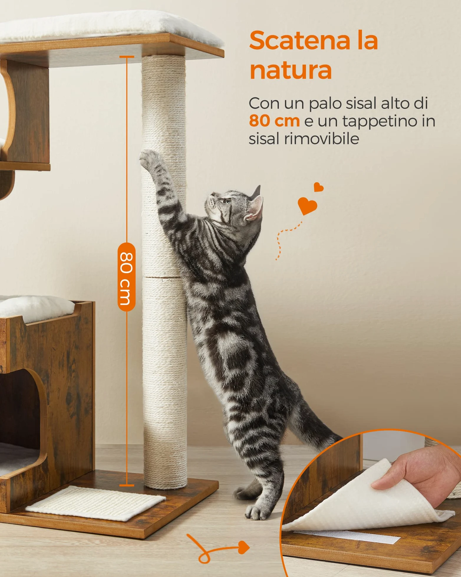 Feandrea Tiragraffi, Albero per Gatti di Truciolato Alto 86 cm, con Grotta, Posatoi, Colonna e Tappeto Graffiatoio in Sisal, Lavabili Tappeti in Pelliccia Sintetica, Marrone Vintage PCT70HW