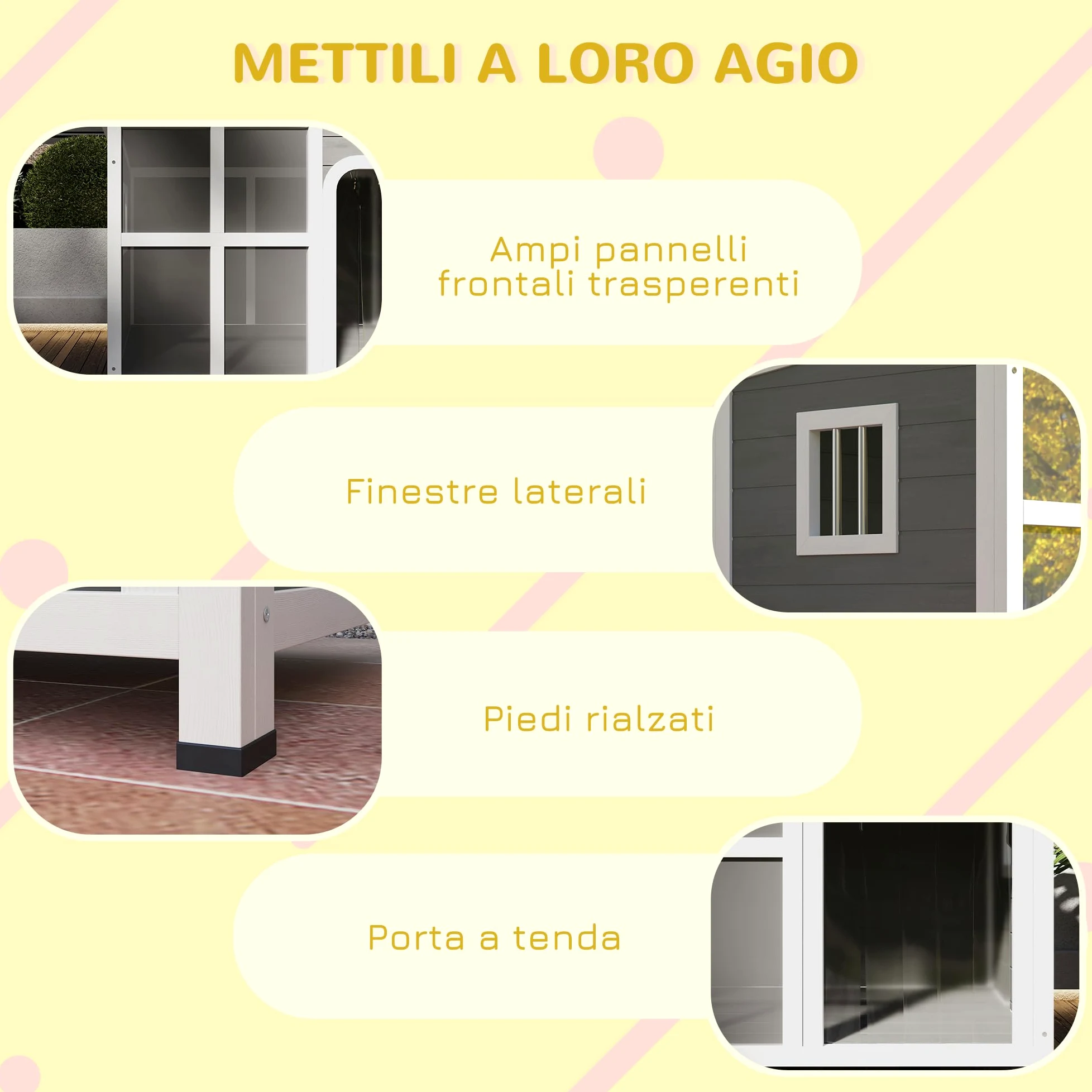 PawHut Casetta per Cani Taglia Piccola e Media con Finestrelle Laterali e Tendina da Ingresso, Cuccia per Cane da Esterno con Base Estraibile e Tettuccio Apribile, 90x62x71 cm, Grigio Chiaro