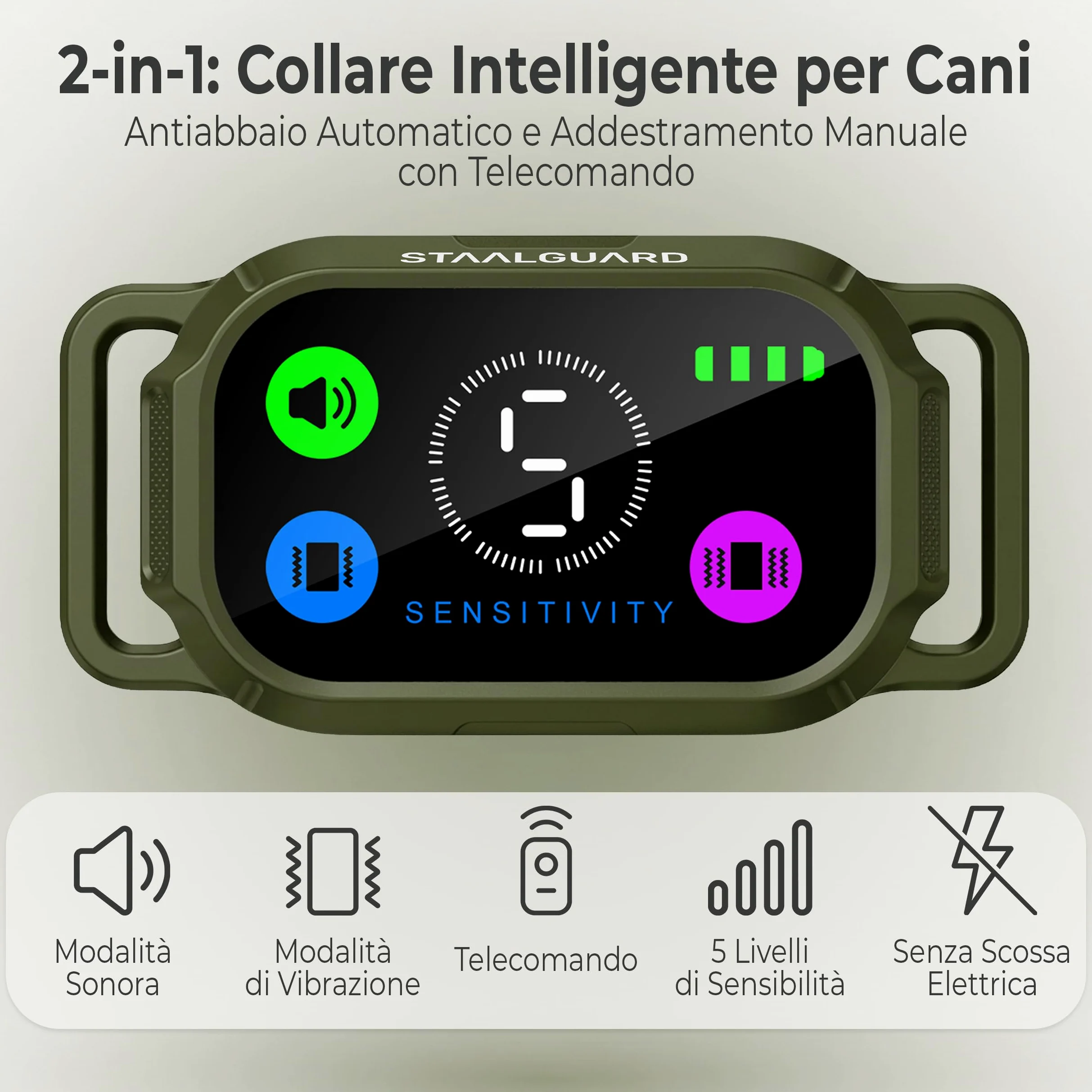 2-in-1 Collare Antiabbaio per Cani e Collare di Addestramento con Telecomando – Automatico e Manuale – Modalità Sonora e Vibrazione Progressiva – Impermeabile IP67