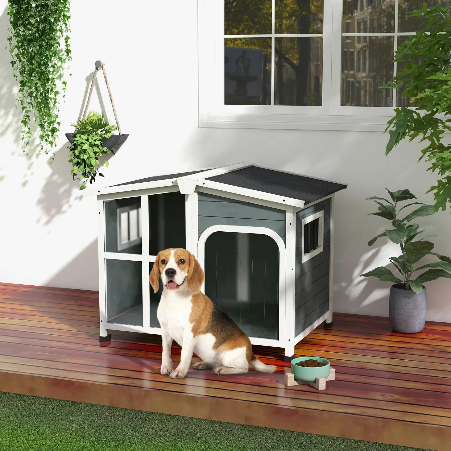 Cuccia Cane Taglia Media da Esterno con Tetto Apribile in Legno 101x66.5x70.5 cm Grigio