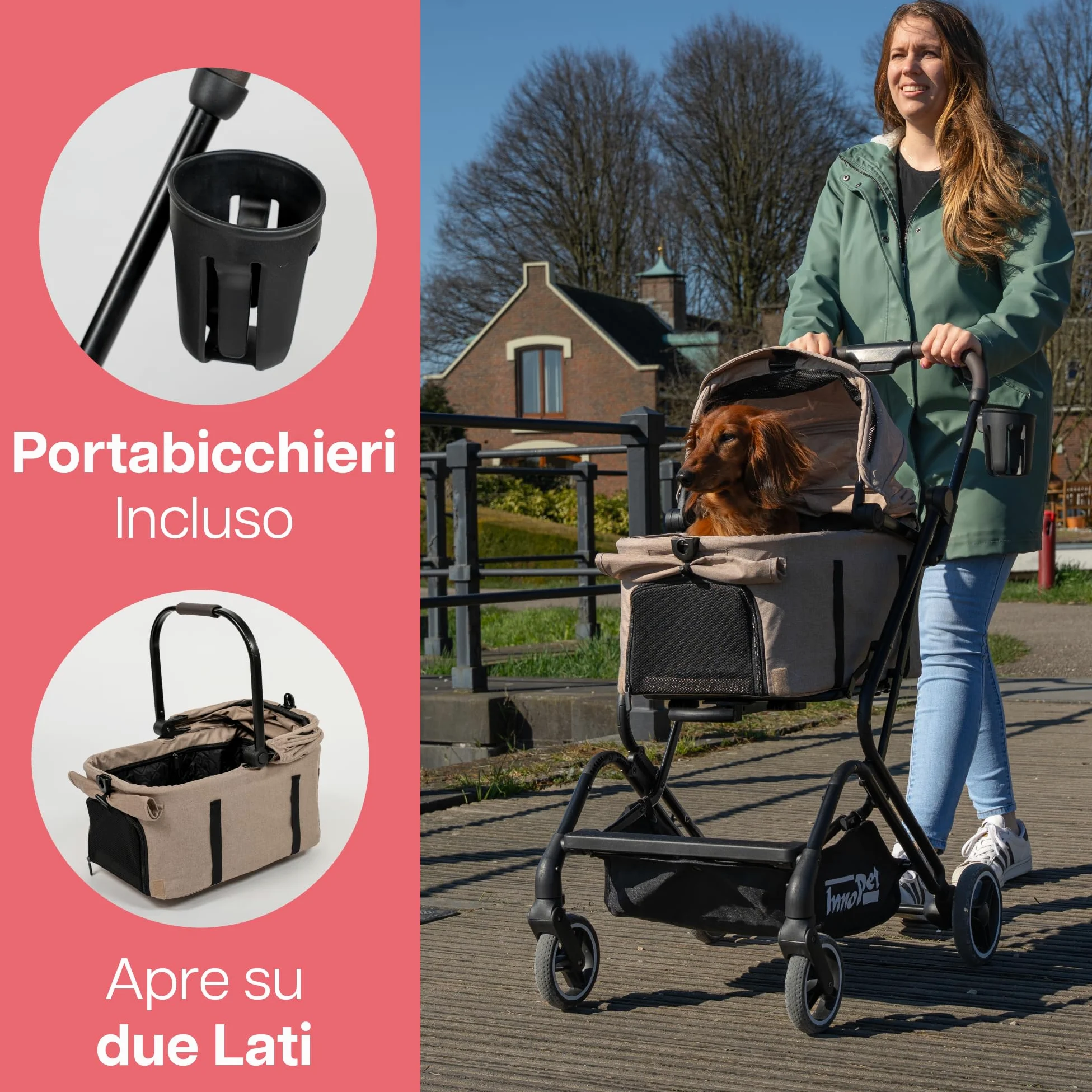 Passeggino compatto per animali Innopet Nomad - Passeggino pieghevole e leggero per cani e gatti fino a 20 kg - Trasportino per animali, seggiolino auto e passeggino 3in1