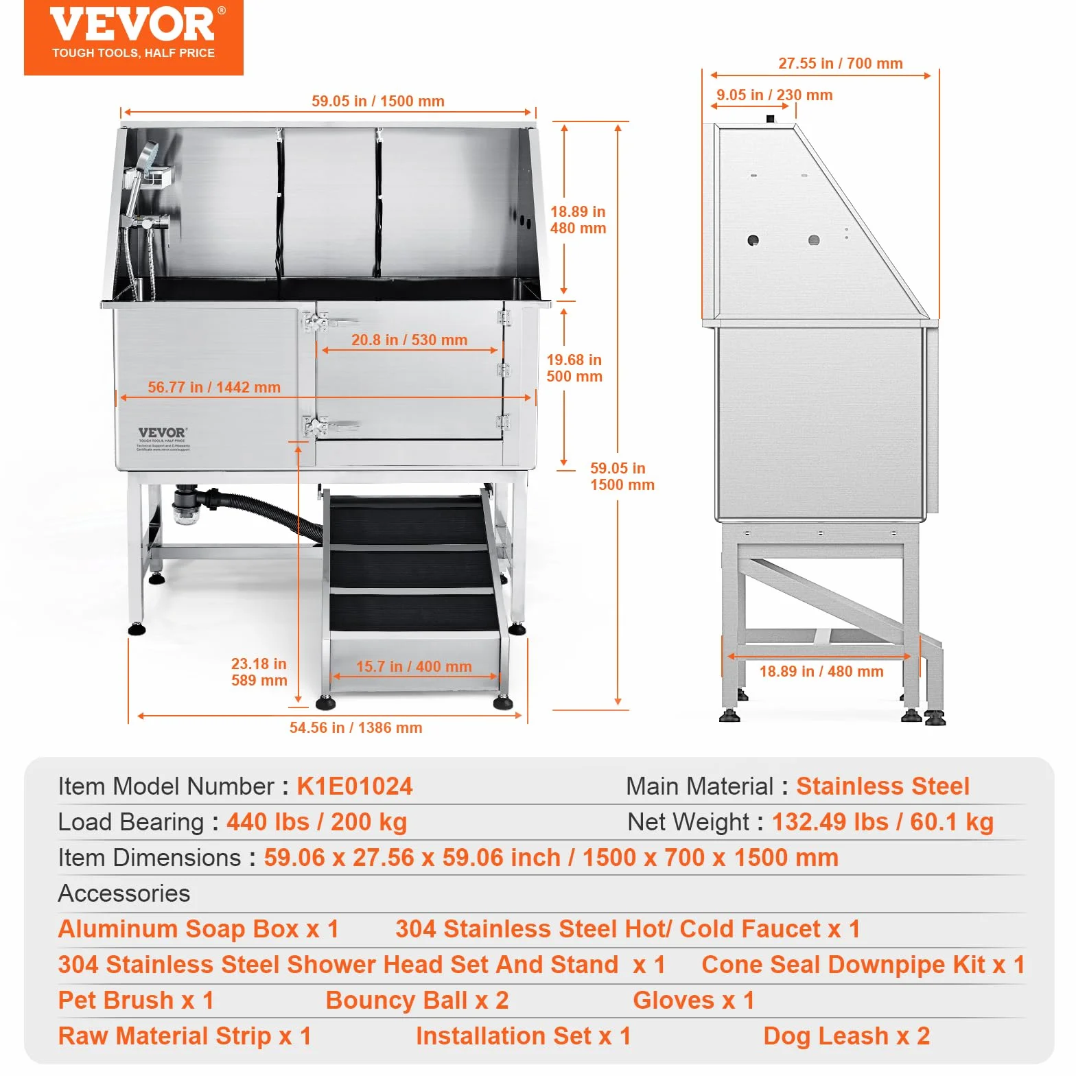 VEVOR Vasca da Bagno per Cani Animali Vasca di Doccia per Animali Domestici in Acciaio Inox con Rampa Lunghezza max.157 cm Carico max. circa 200 kg, Vasca Doccia per Toelettatura per Cani con Rampa