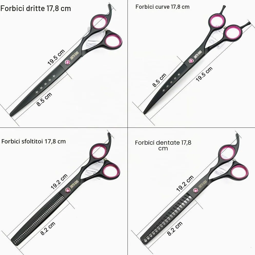 Set di Forbici Professionali per Toelettatura Cani - 17,8 cm, 4 Pezzi: Dritte, Sfoltitrici, Curve, Chunker Con Pettine