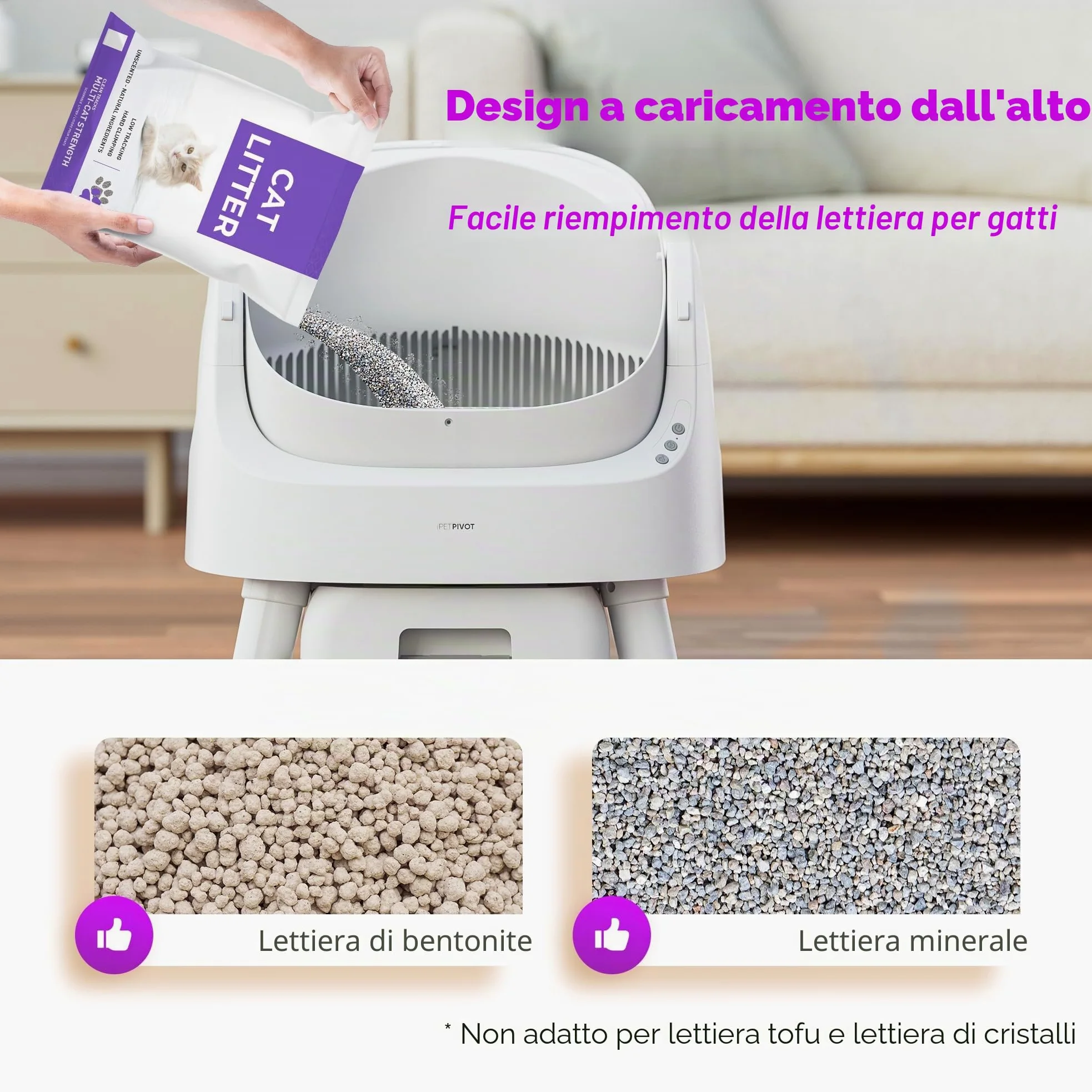 PetPivot Lettiera autopulente con design aperto, modalità automatiche e manuali, pulizia istantanea e pala semplice, ideale per gatti di grandi dimensioni, adatta per famiglie multigatti
