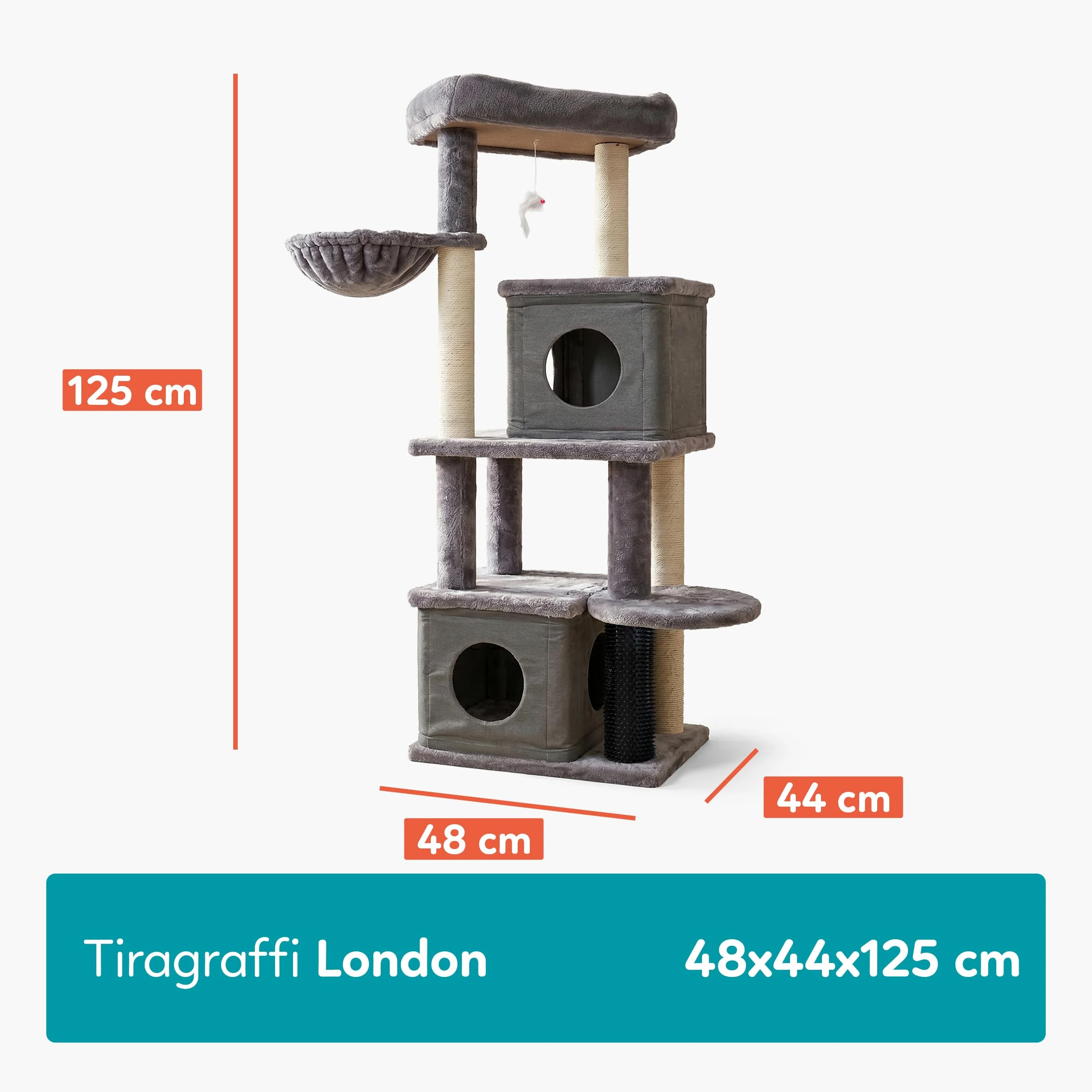 Aqpet Tiragraffi XL a Torre in Sisal e tessuto con Cucce per il riposo, Alto 125 cm per il massimo divertimento del tuo gatto, Colore Grigio