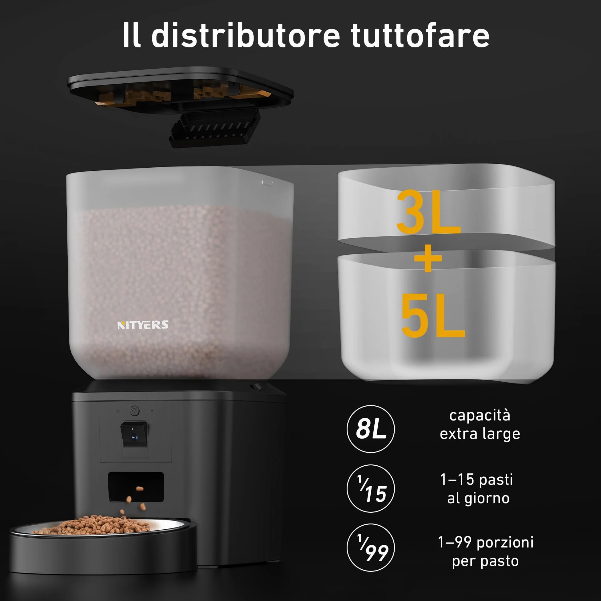 Nityers Distributore Automatico Cibo per Gatti e Cani con Telecamera 1080P e Visione Notturna, Audio Bidirezionale, WiFi 2.4/5GHz, Controllo APP, Ciotola Inox Grande