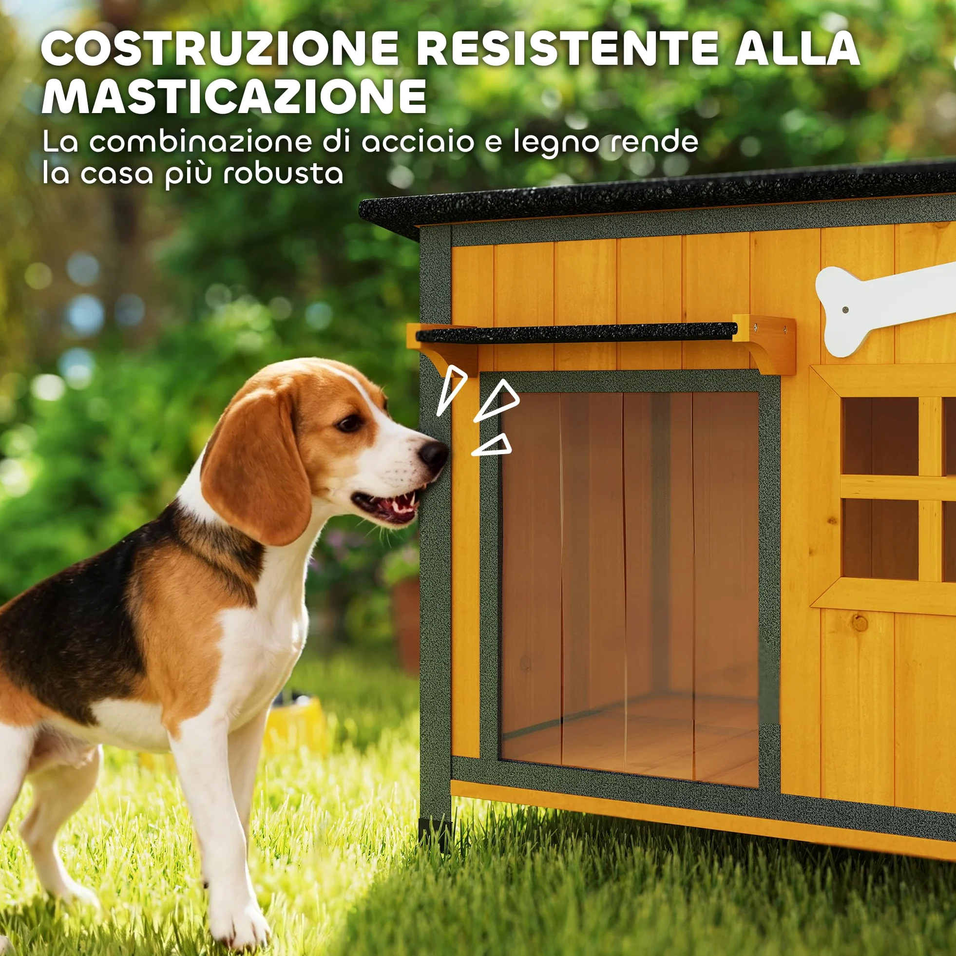 PawHut Cuccia per Cani da Esterno in Legno e Acciaio Anti-Morso, Casetta per Cani Rialzato con Tetto Spiovente Apribile e Impermeabile, Pavimento Rimovibile, Tenda per Porta, Tettoia, 84.5x62x65 cm