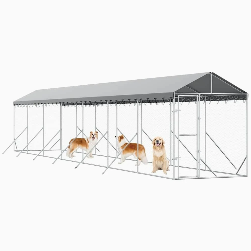 Cuccia per cani con tetto in polietilene, 2 x 14 x 2,5 m, in acciaio zincato | Ampio recinto da giardino: offre molto spazio nel cortile con porta richiudibile e tetto protettivo in PE.