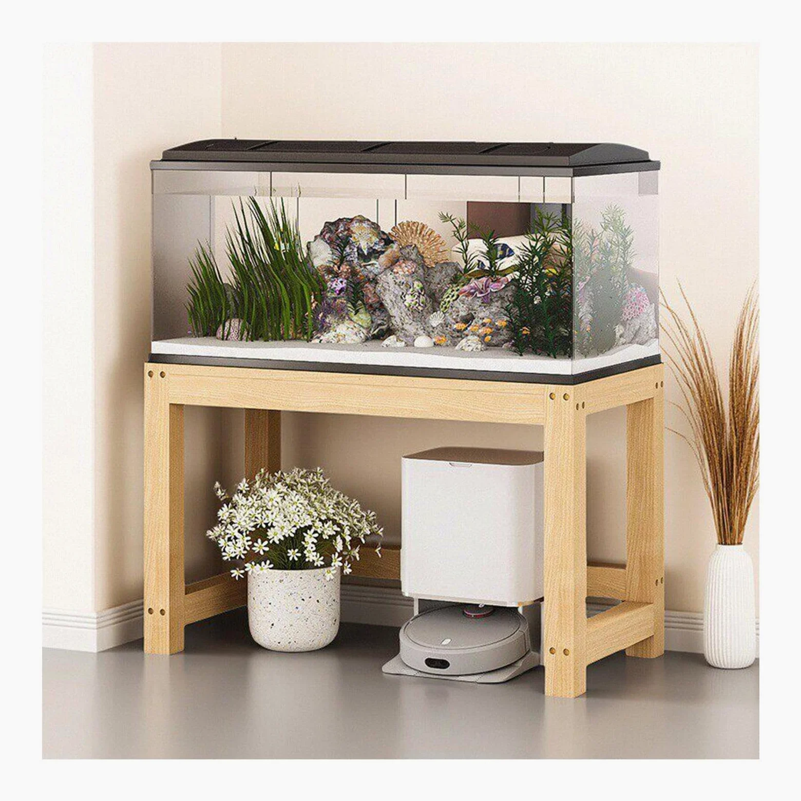 Mobile per Acquario, Supporto in Legno per Acquario | Struttura in Legno Massello, Design con Piano Rialzato e Vano Portaoggetti Inferiore(60x45x50cm/23.6x17.7x19.7in)