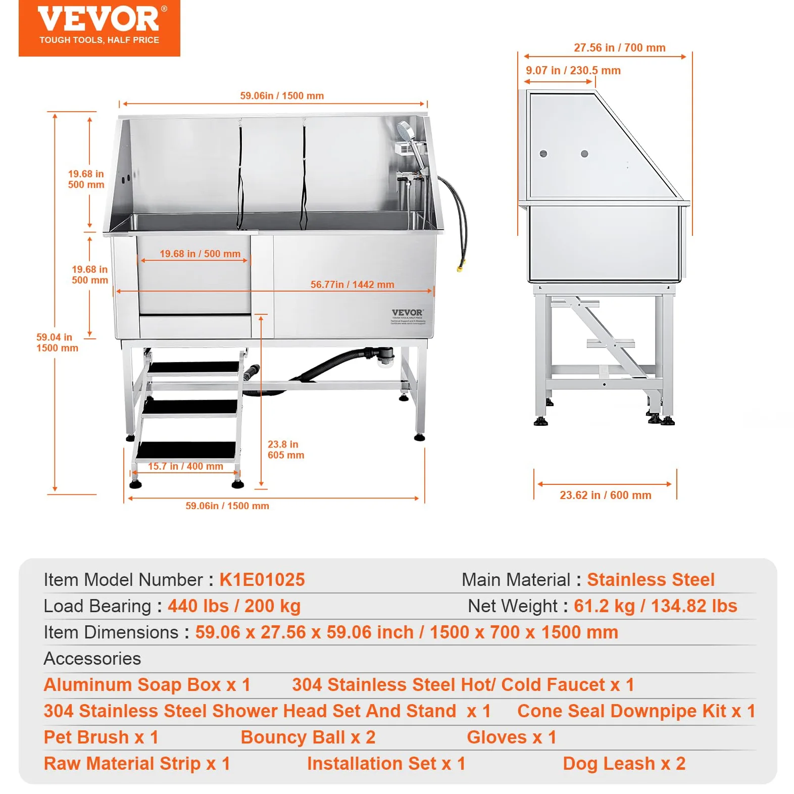 VEVOR Vasca da Bagno per Cani Animali Vasca di Doccia per Animali Domestici in Acciaio Inox con Scale Lunghezza Max.157 cm Carico Max. Circa 200 kg, Vasca Doccia per Toelettatura per Cani con Scale